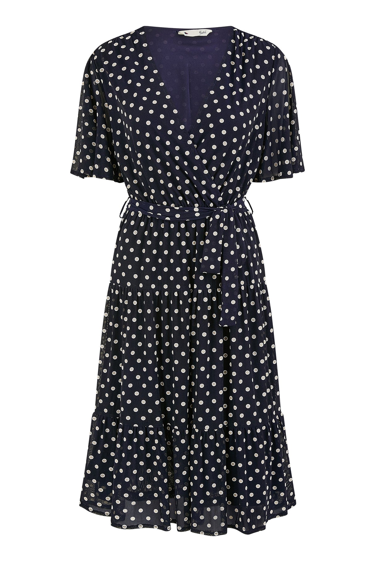 Yumi Navy Dot Print Mesh Stretch Midi Skater Dress