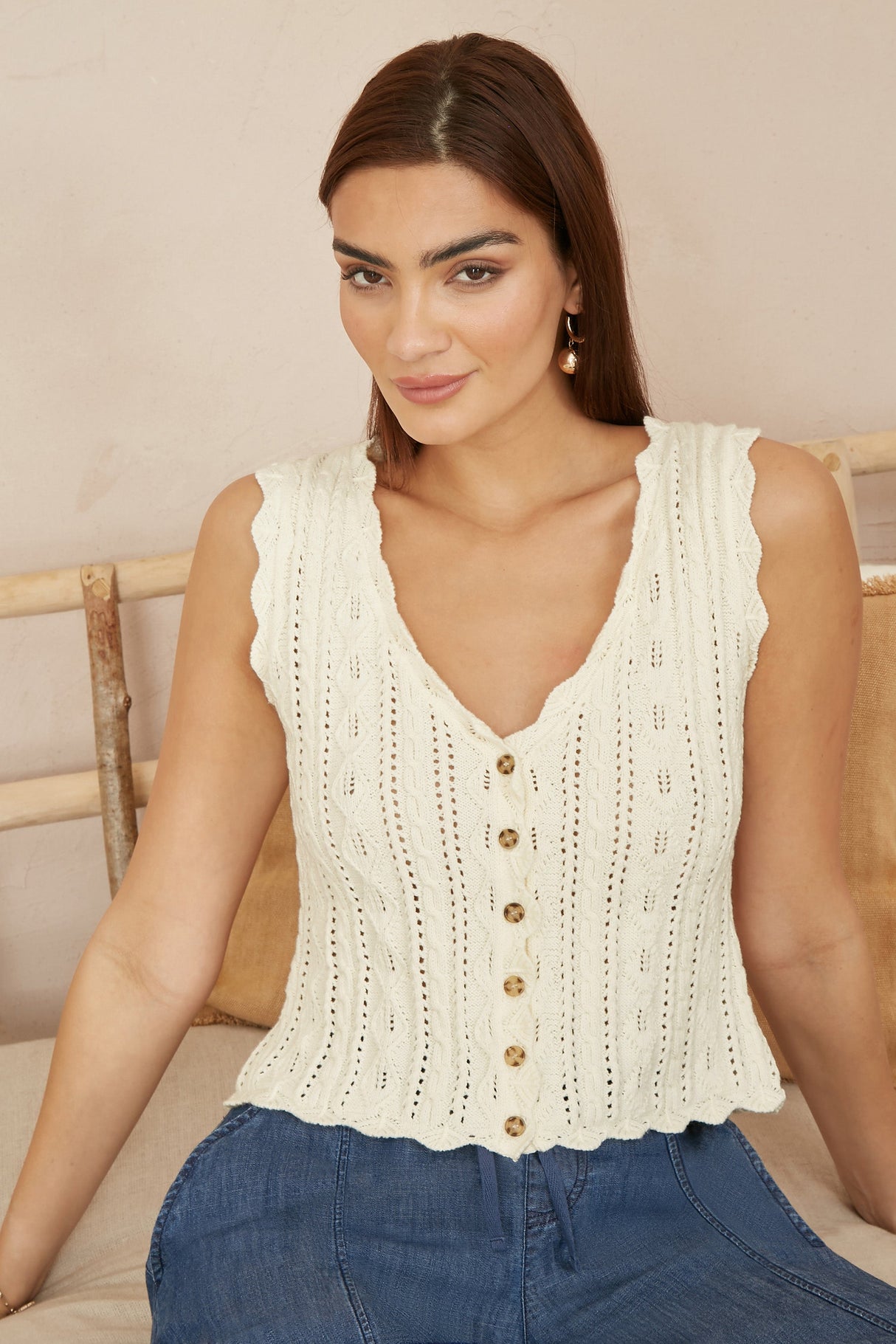 Yumi Beige V Neck Button Down Crochet Knitted Top