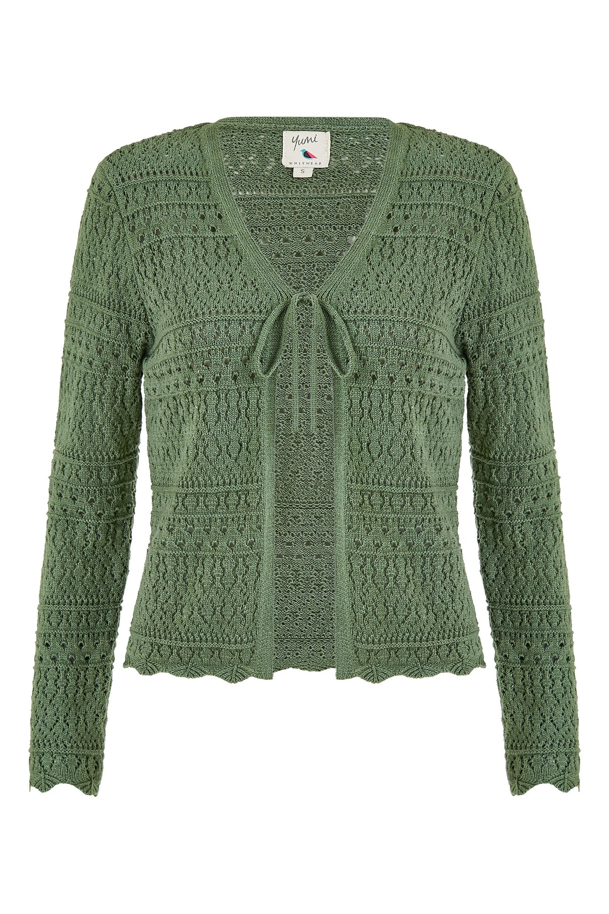 Yumi Green Crochet Tie Front Cardigan