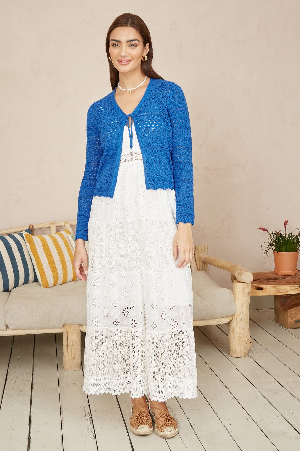 Yumi Blue Crochet Tie Front Cardigan