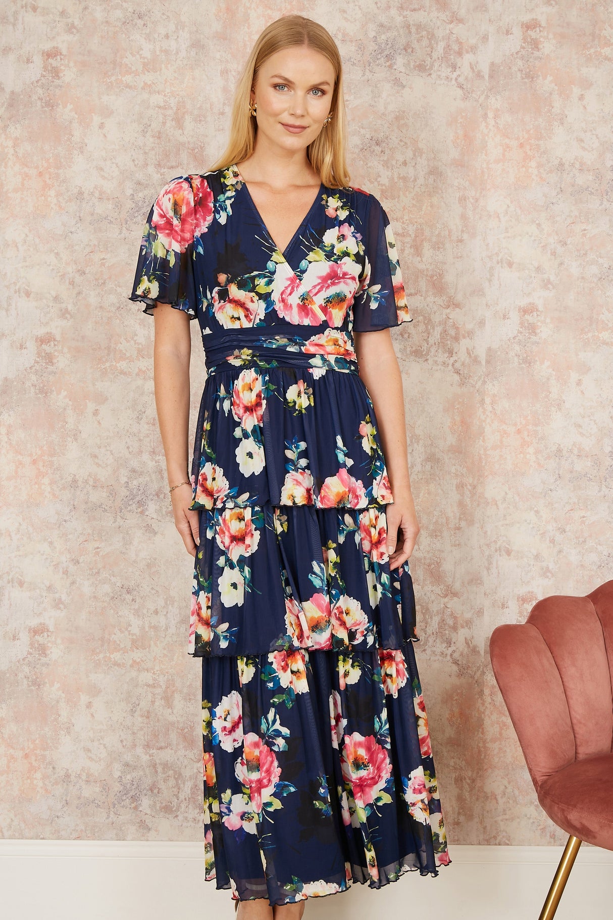 Yumi Navy Floral Mesh Tiered Maxi Dress