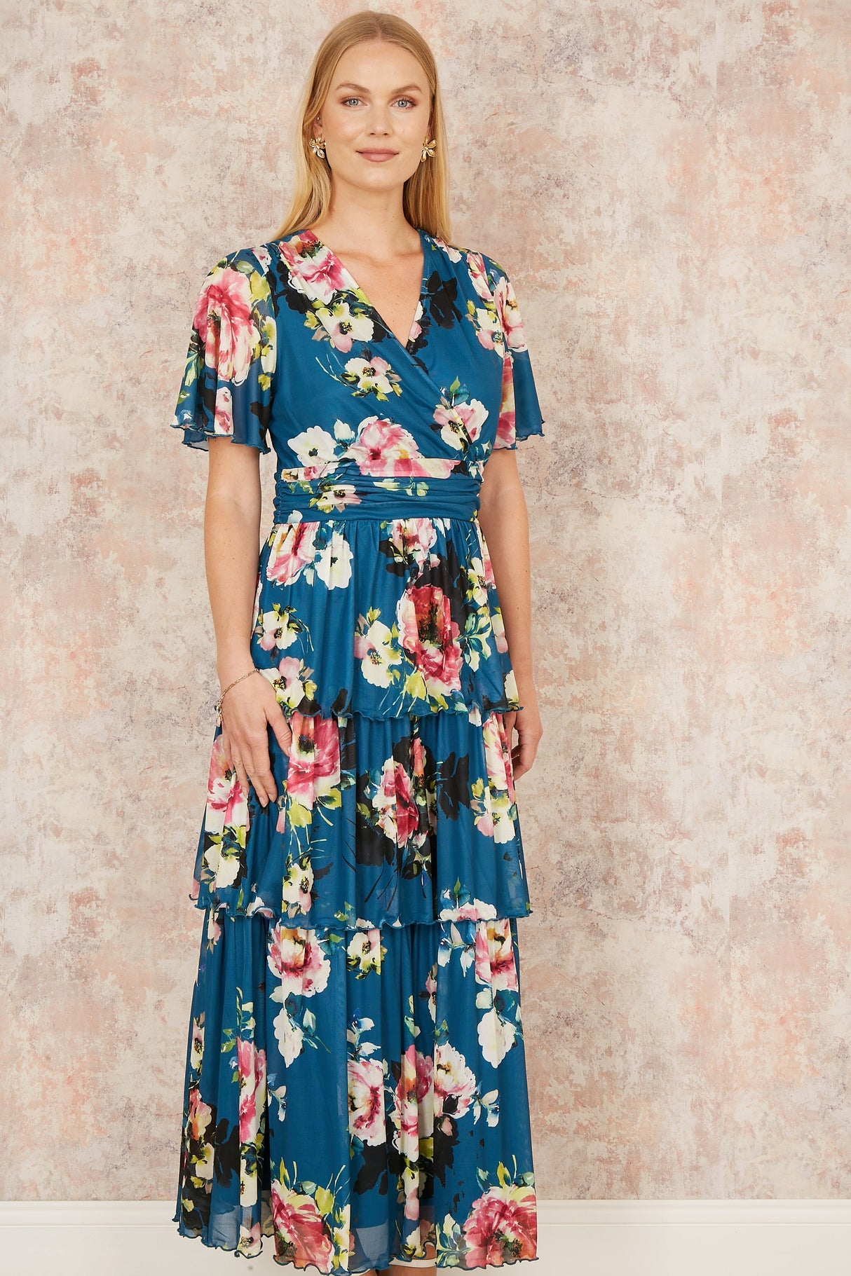 Yumi Green Floral Mesh Tiered Maxi Dress