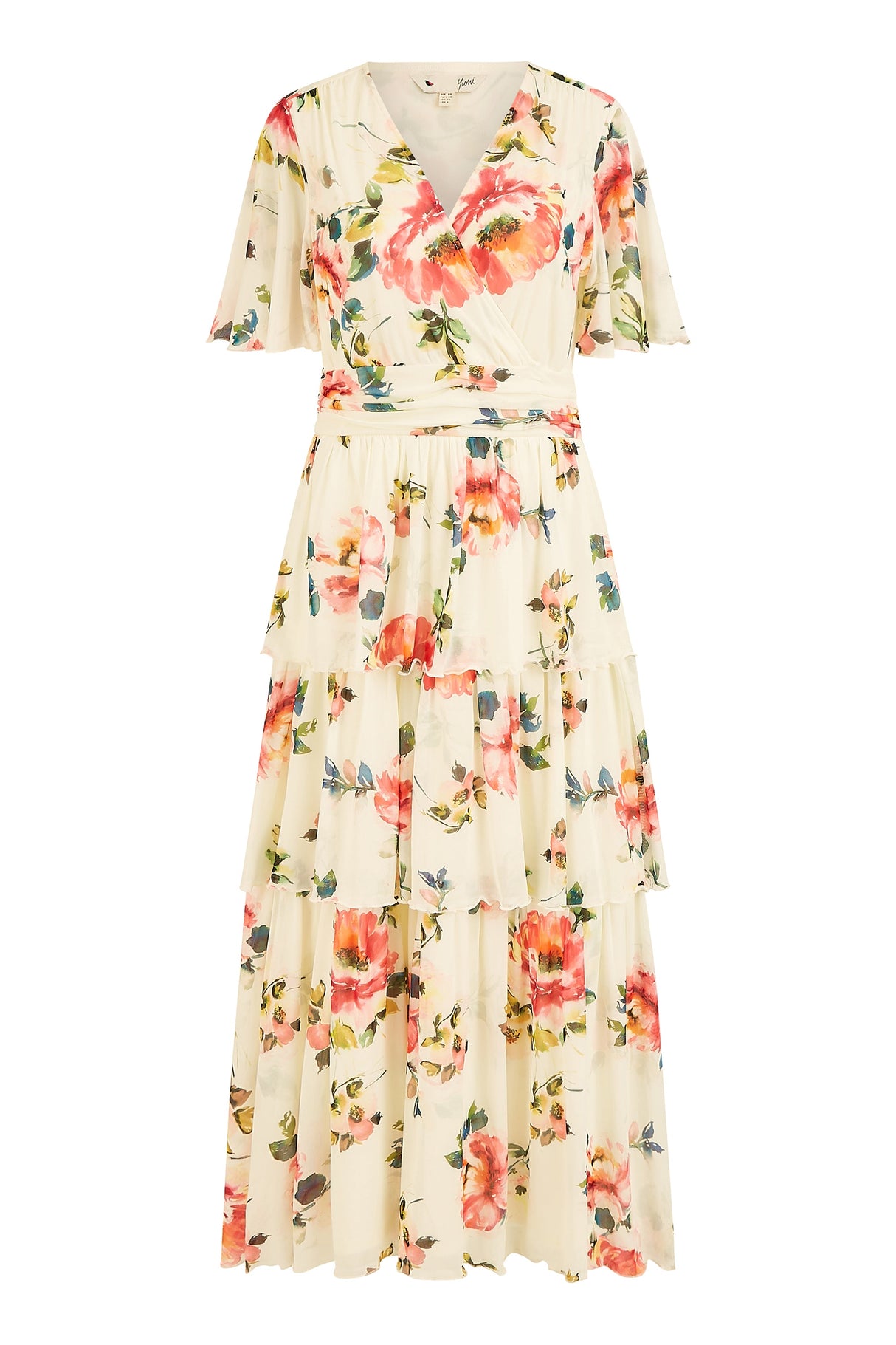 Yumi Ivory Floral Mesh Tiered Maxi Dress