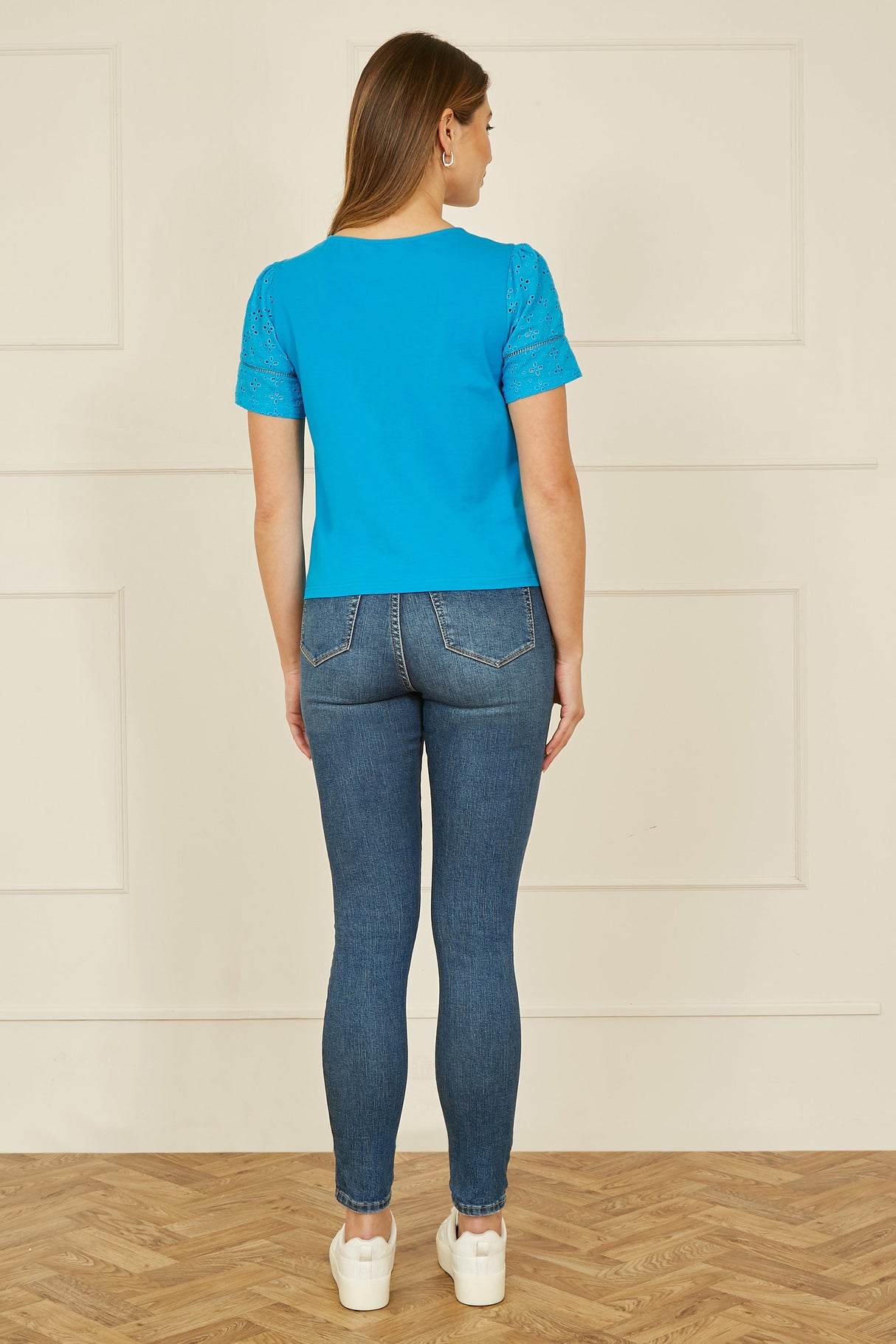 Yumi Blue Jersey Button Detail T-Shirt With Broderie Anglaise Sleeves And Tie Front