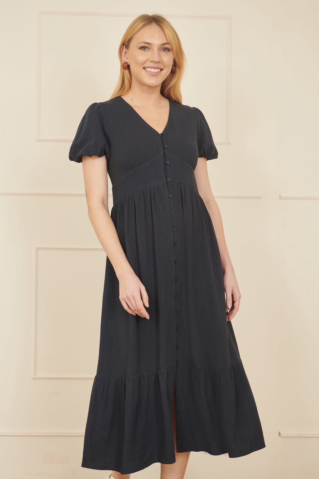 Yumi Navy Viscose Button Through Midi Dress