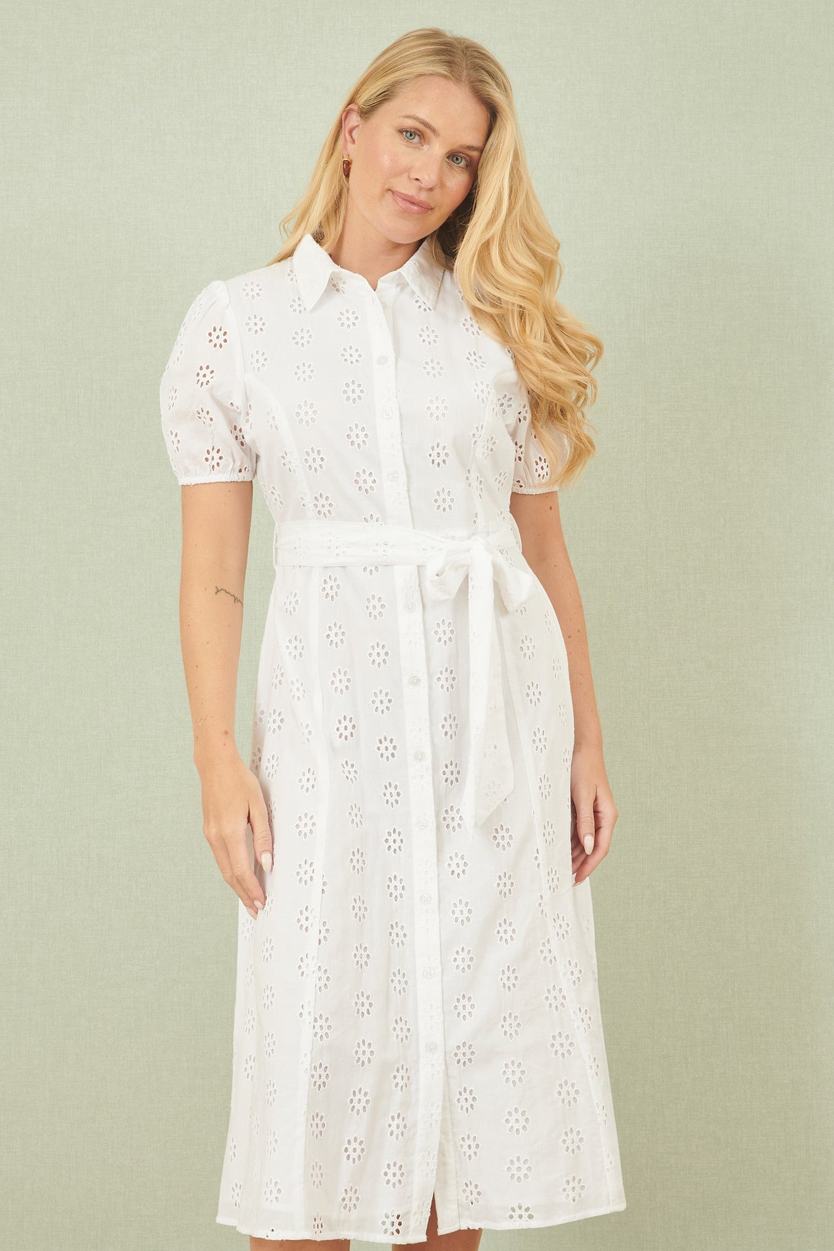 Yumi White Cotton Broderie Anglaise Midi Shirt Dress