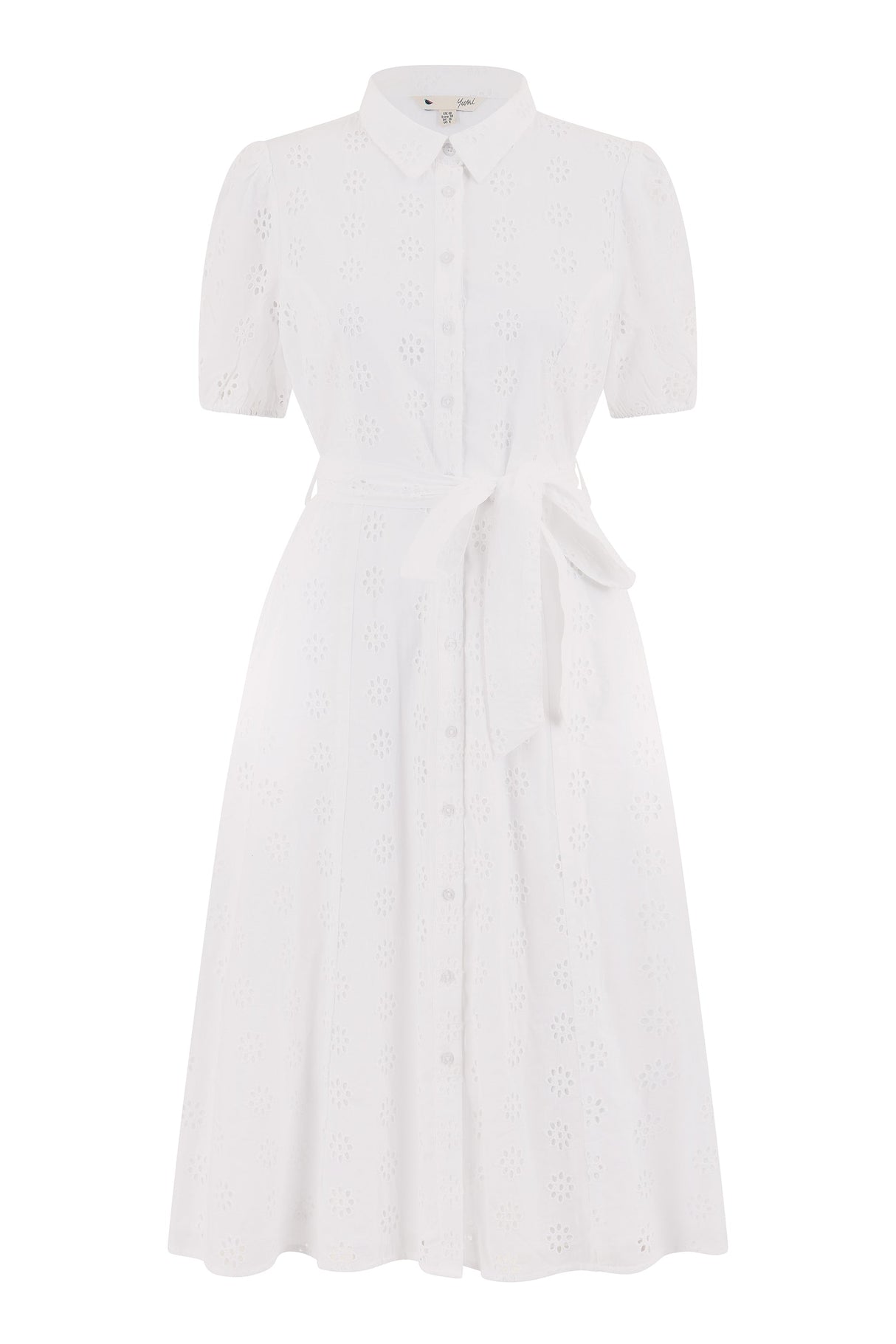 Yumi White Cotton Broderie Anglaise Midi Shirt Dress