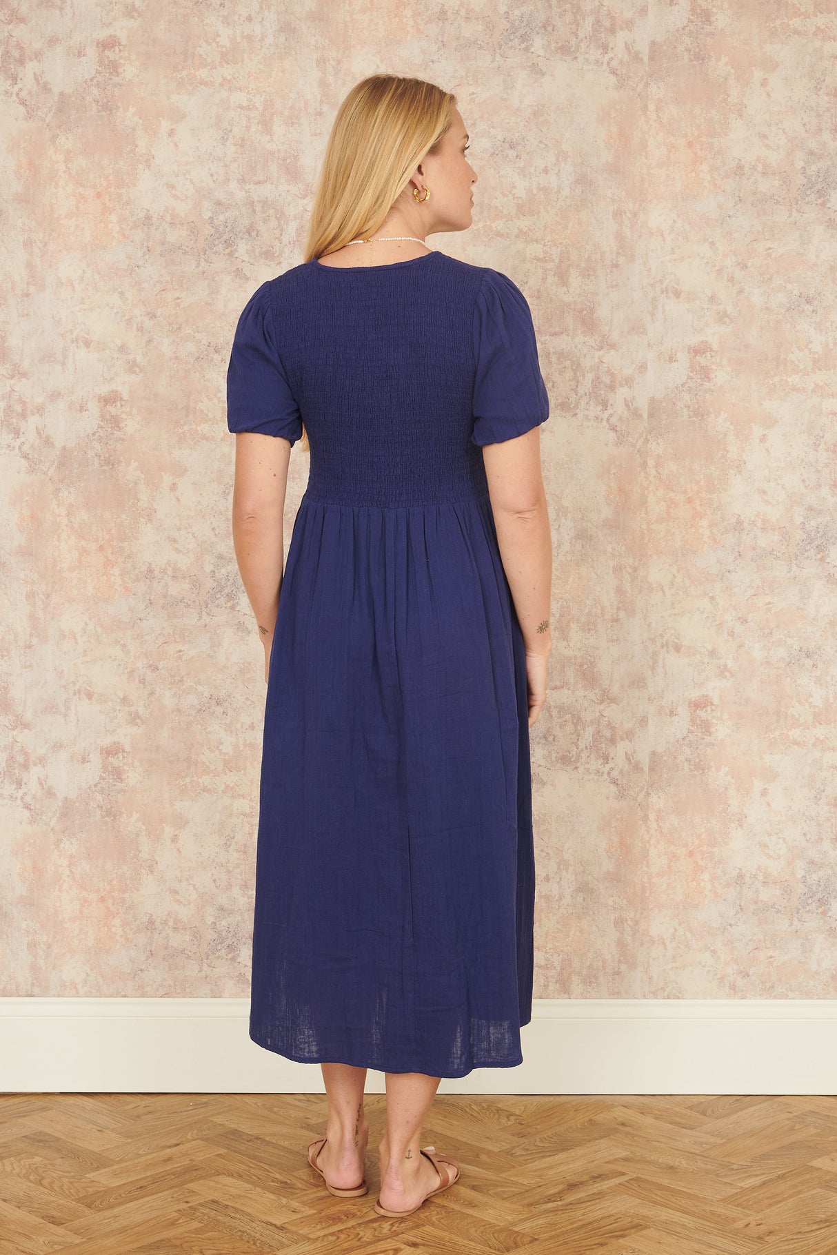 Yumi Navy Double Cotton Ruched Midi Dress