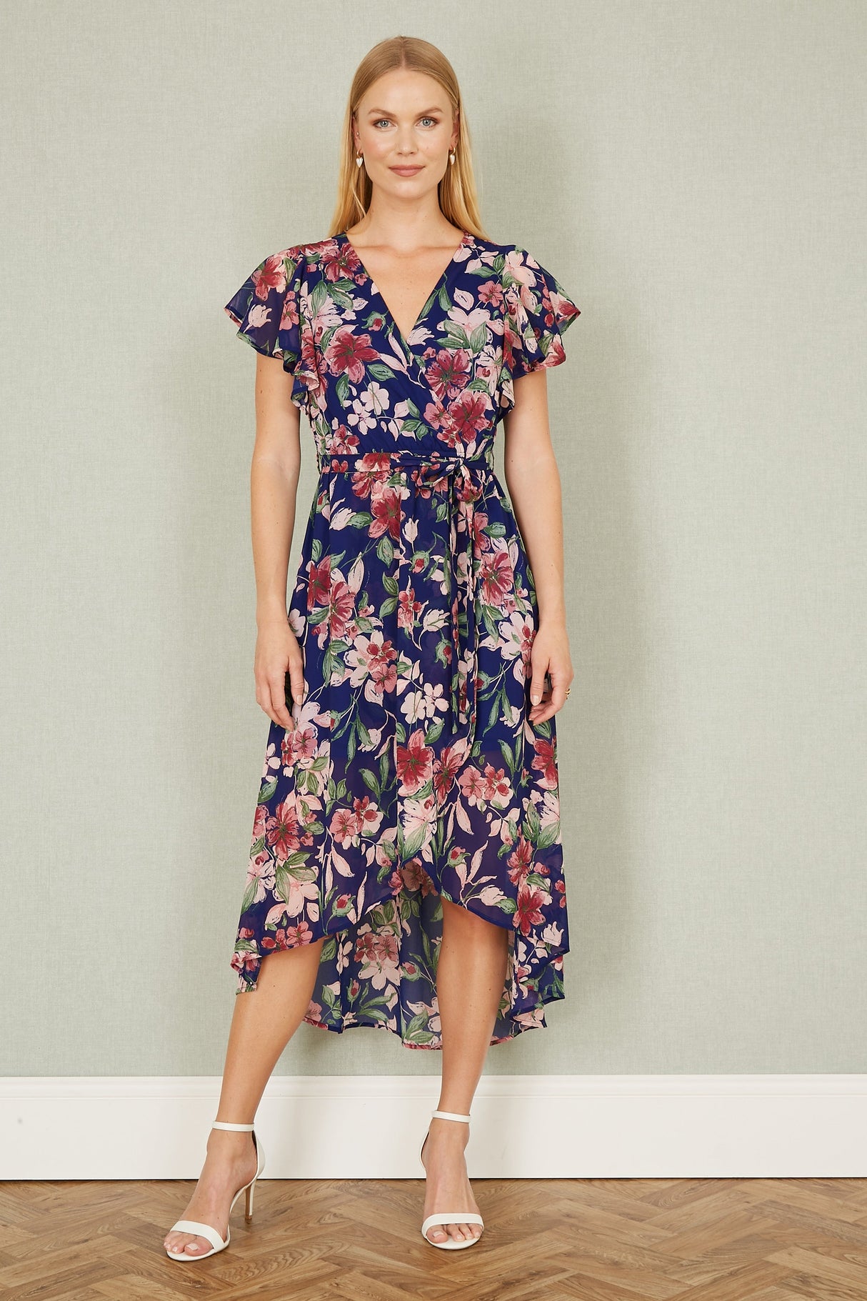 Yumi Blue Floral Wrap Midi Dress With Frill Hem