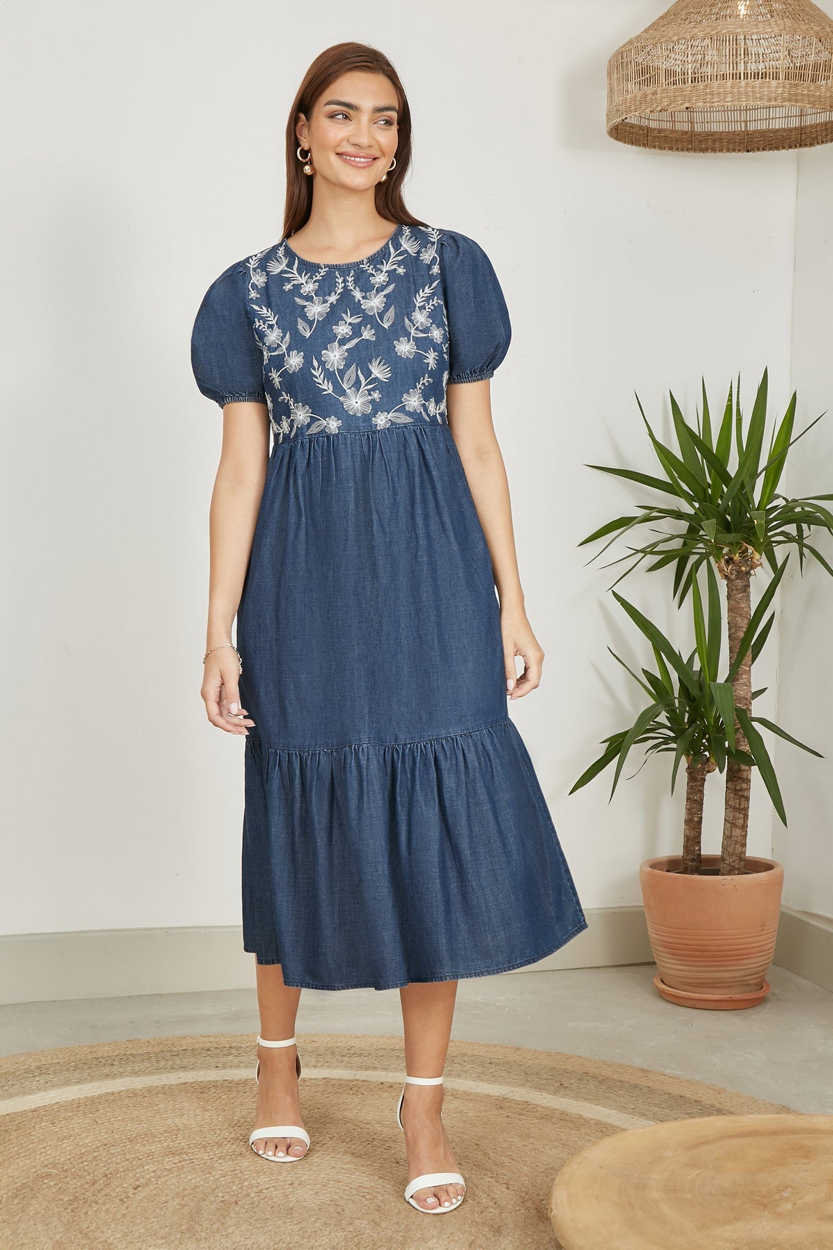 Yumi Blue Chambray Denim Midi Dress With Embroidery And Puff Sleeves