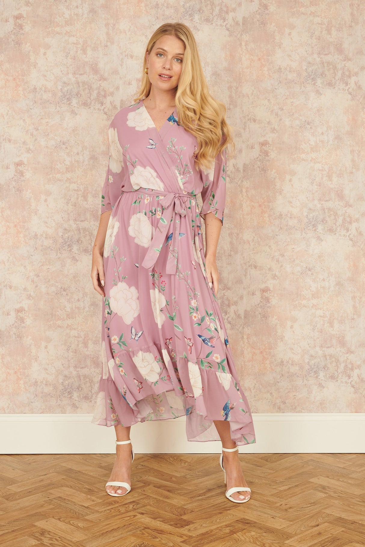 Yumi Pink Bird and Floral Print Midi Wrap Dress