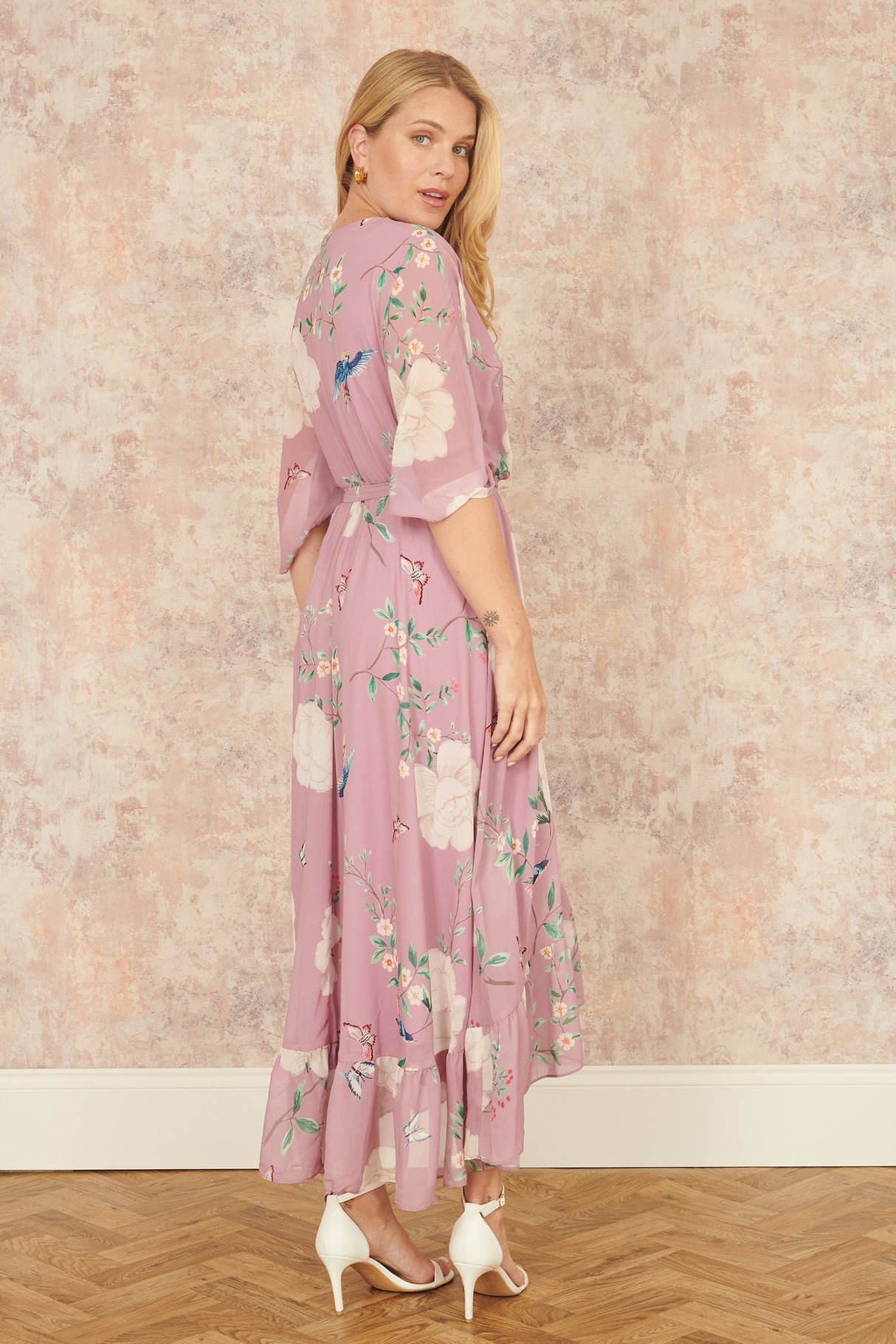 Yumi Pink Bird and Floral Print Midi Wrap Dress