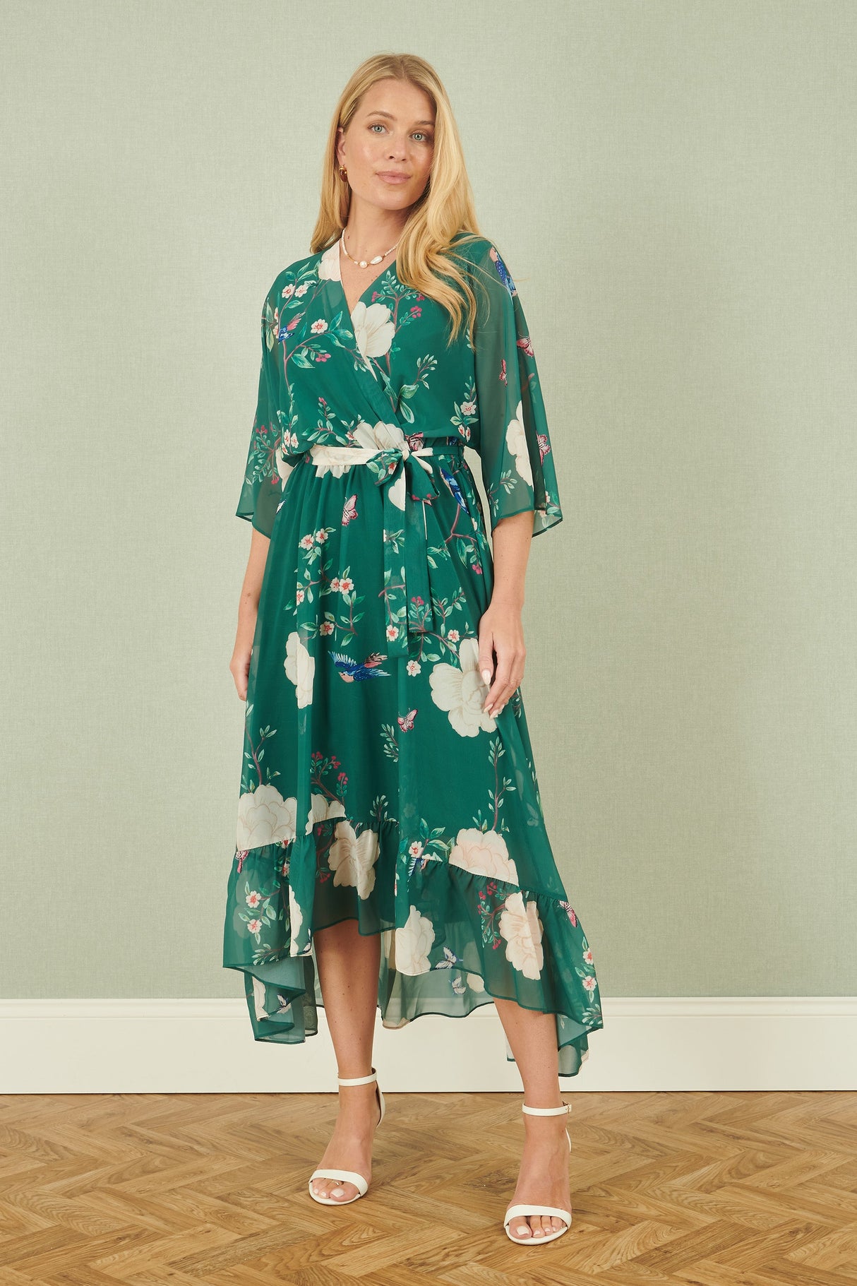 Yumi Green Bird and Floral Print Midi Wrap Dress