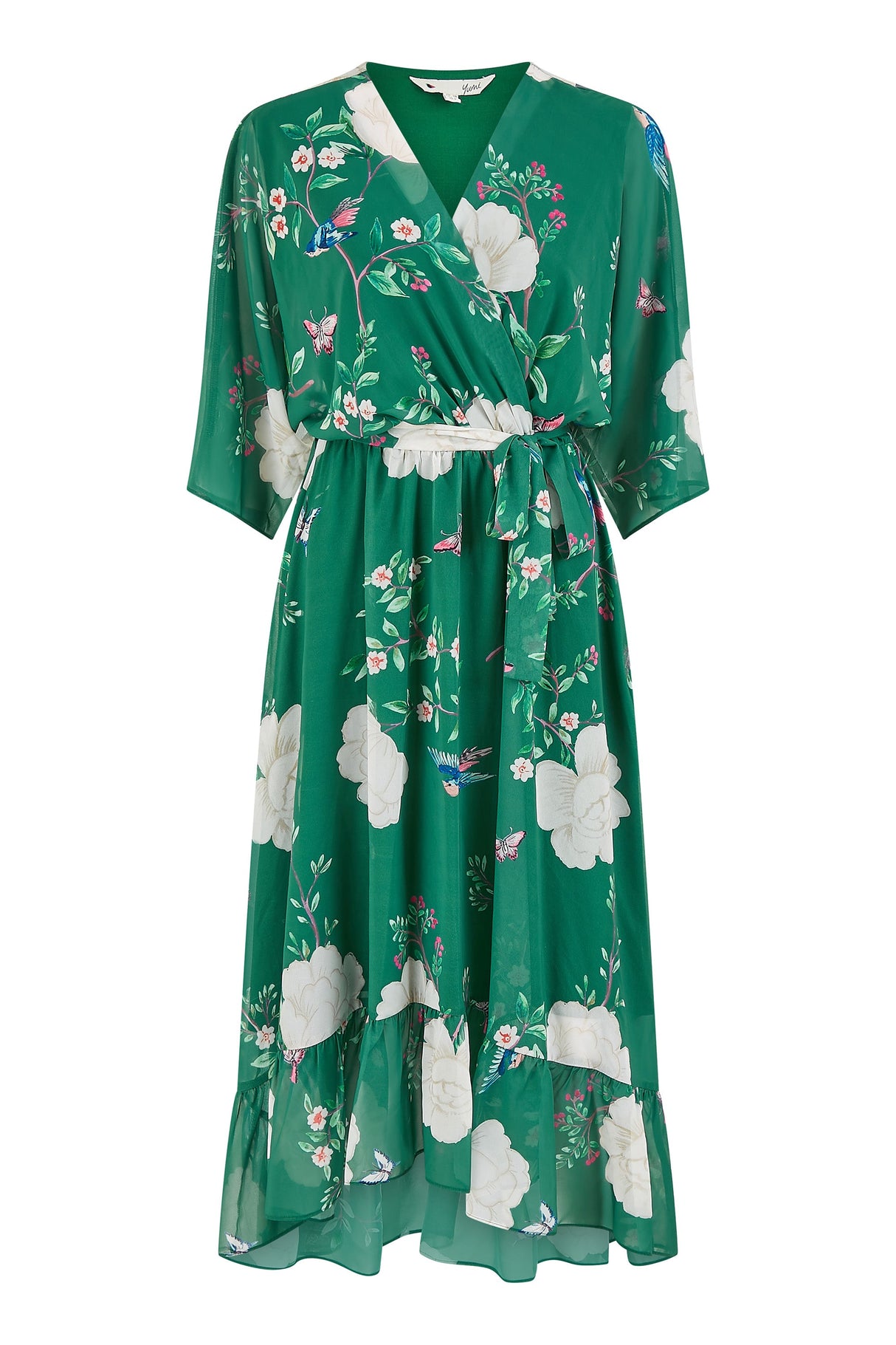 Yumi Green Bird and Floral Print Midi Wrap Dress