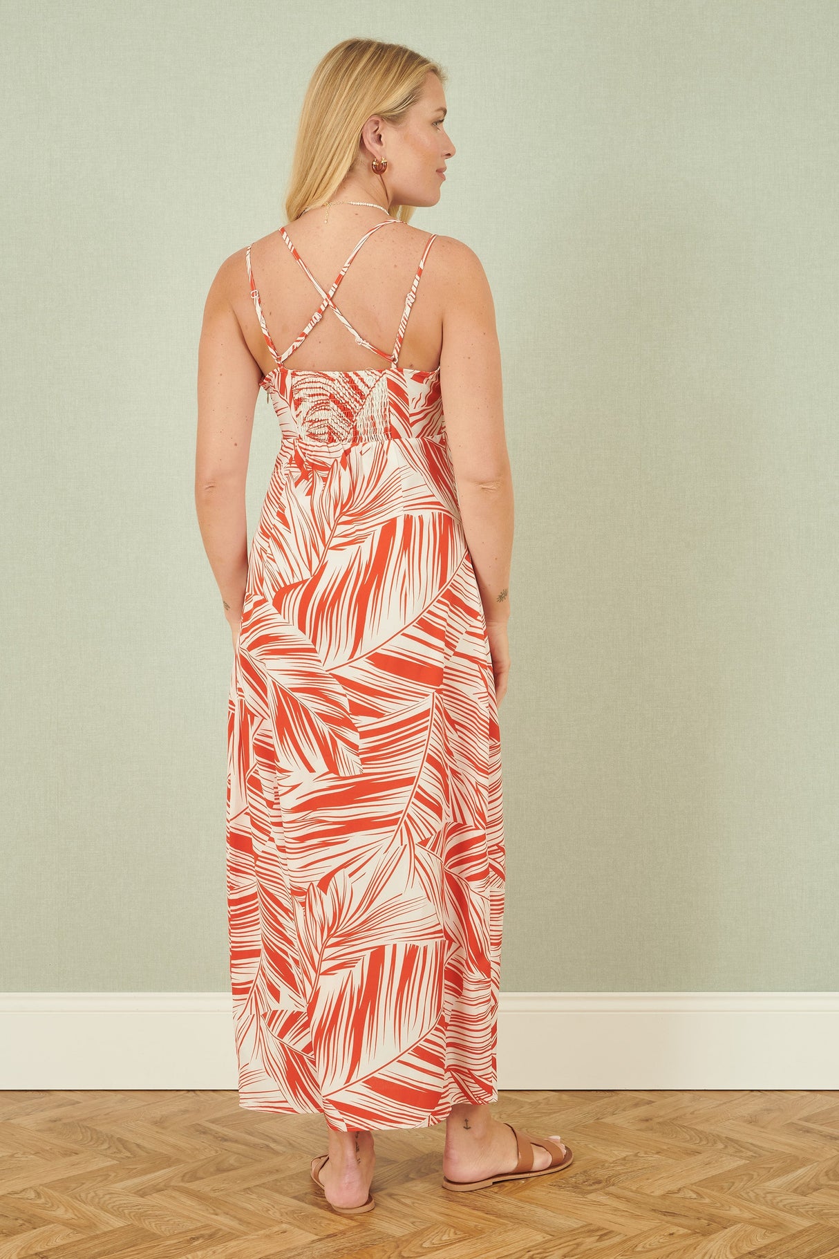 Yumi Orange Leaf Print Maxi Dress With Cross Back