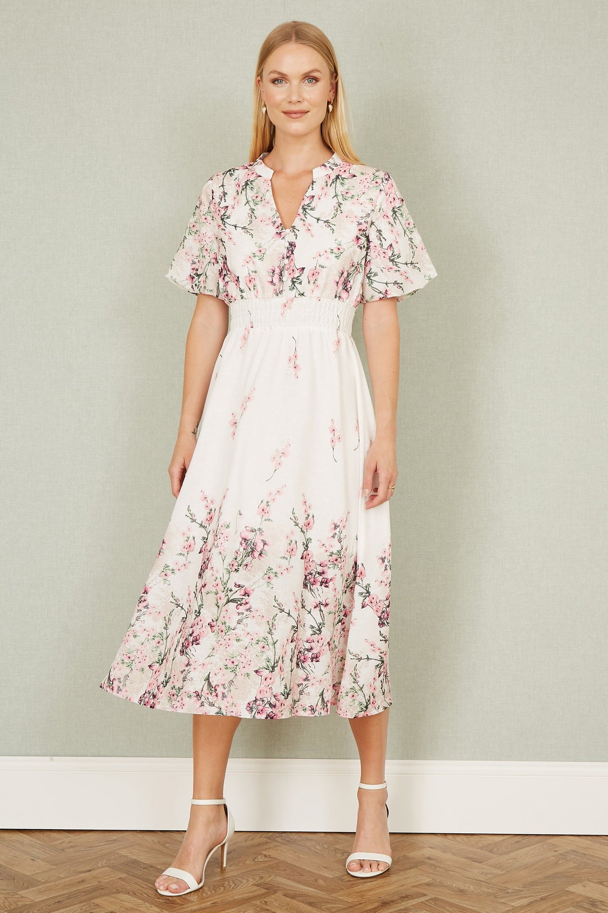 Yumi White Mirrored Floral Button Up Midi Dress With Ruched Waist