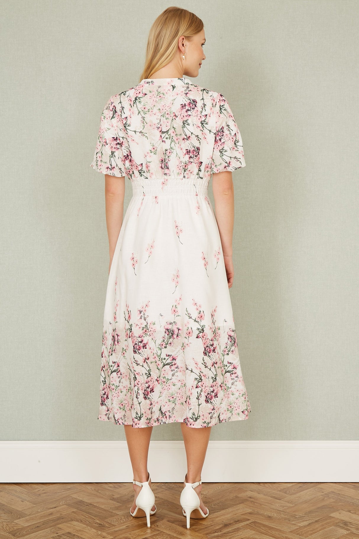 Yumi White Mirrored Floral Button Up Midi Dress With Ruched Waist