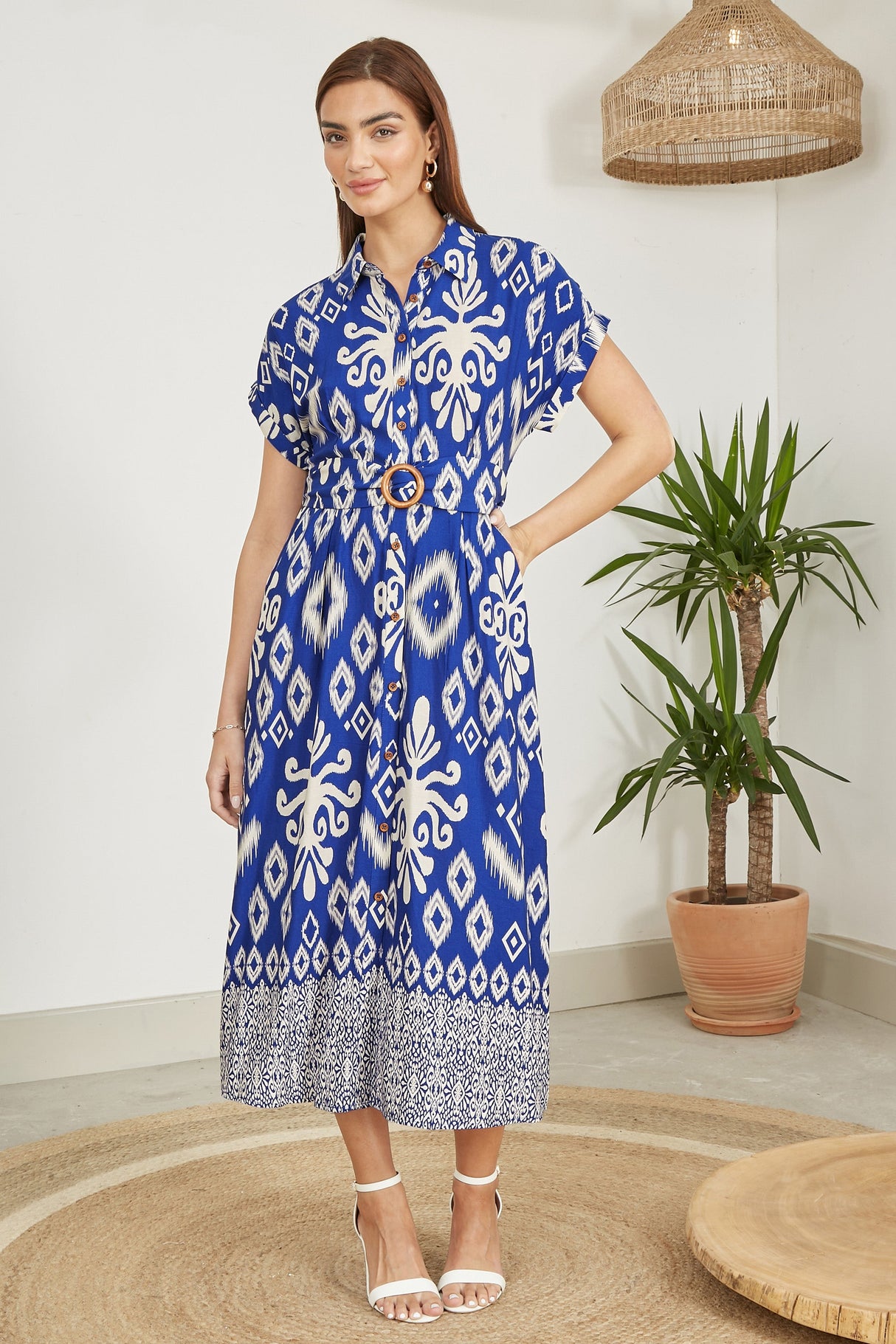 Yumi Blue Abstract Geo Print Relaxed Midi Shirt Dress With Belt