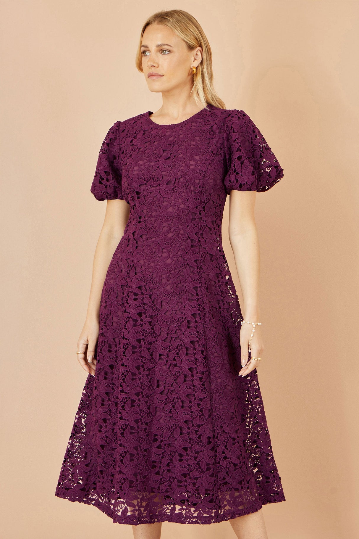 Yumi Burgundy Stretch Lace Puff Sleeve Midi Dress