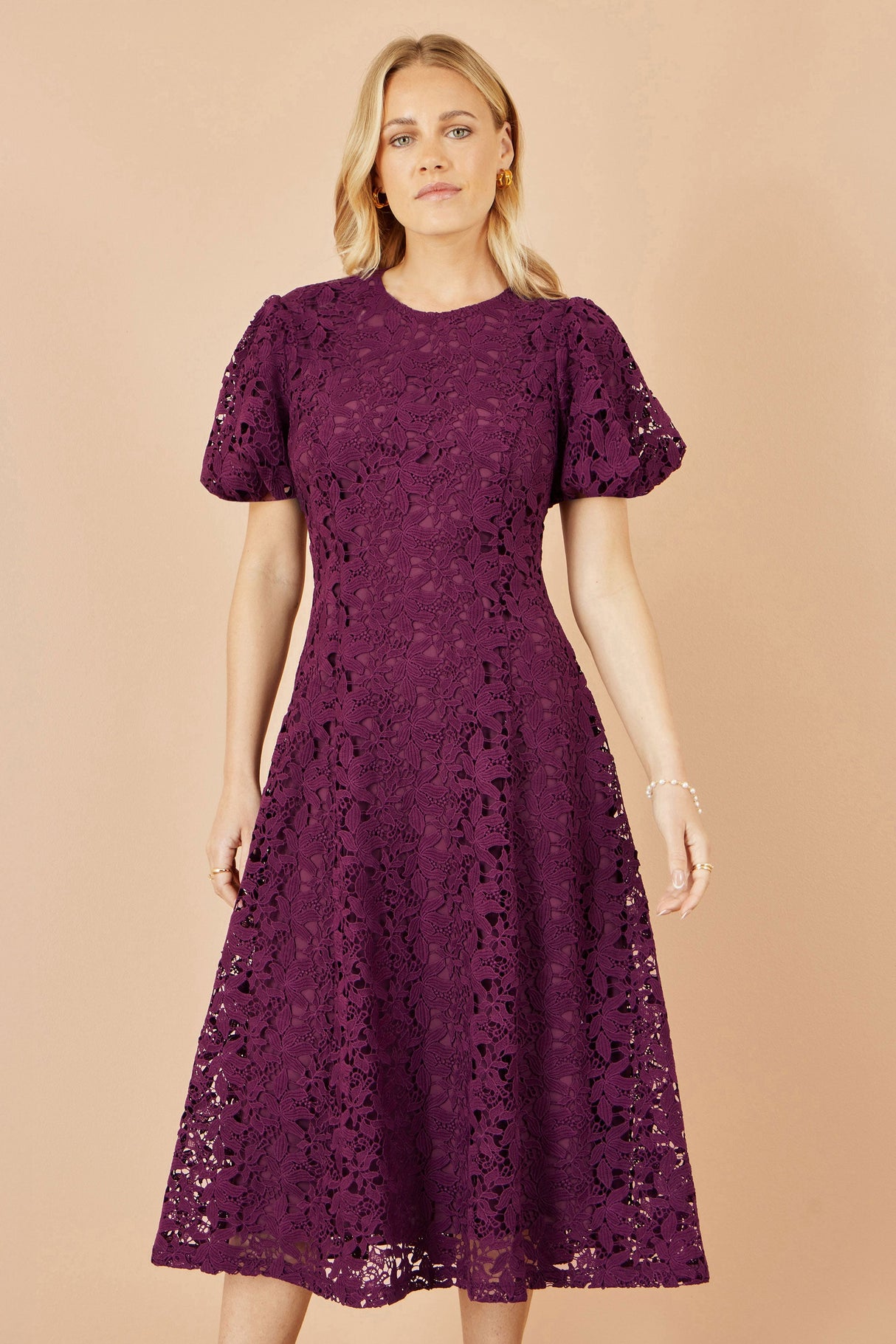 Yumi Burgundy Stretch Lace Puff Sleeve Midi Dress