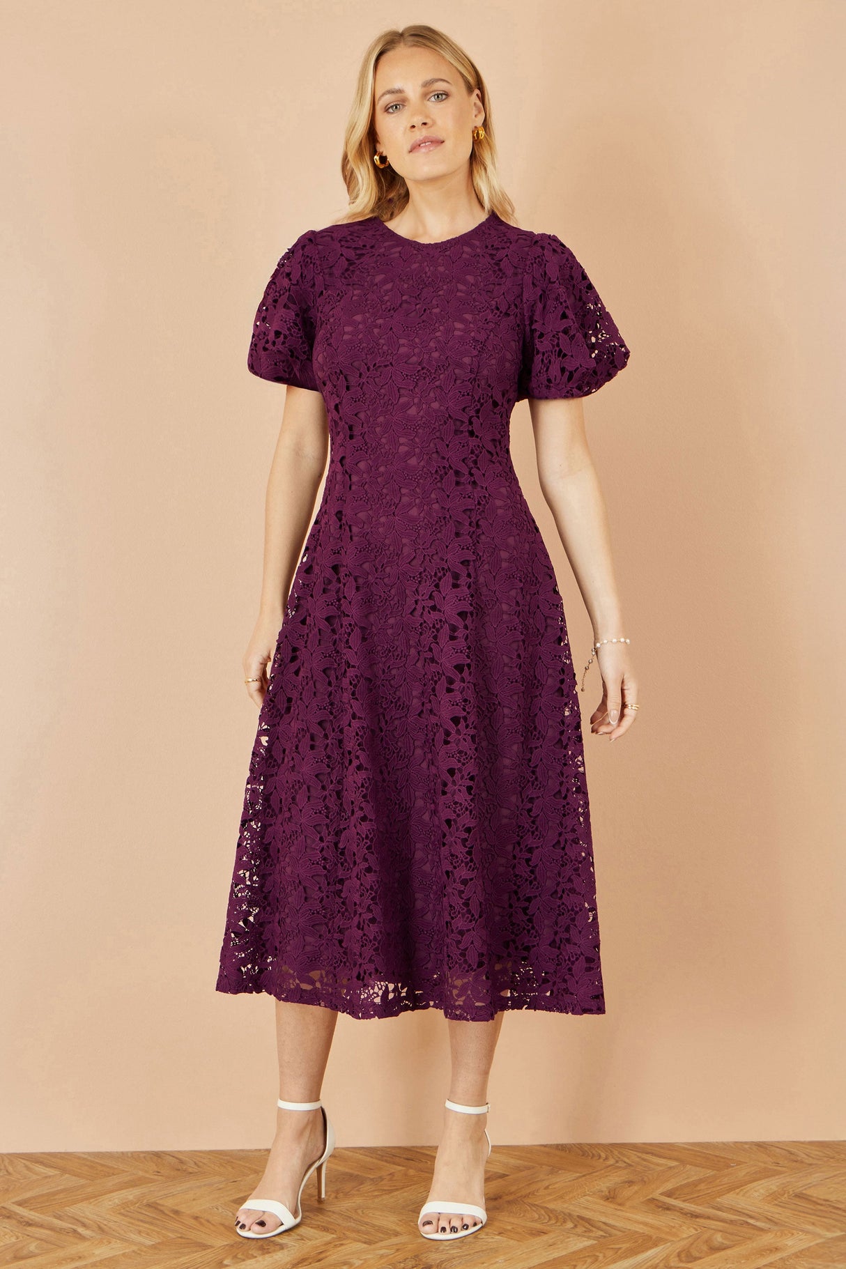 Yumi Burgundy Stretch Lace Puff Sleeve Midi Dress