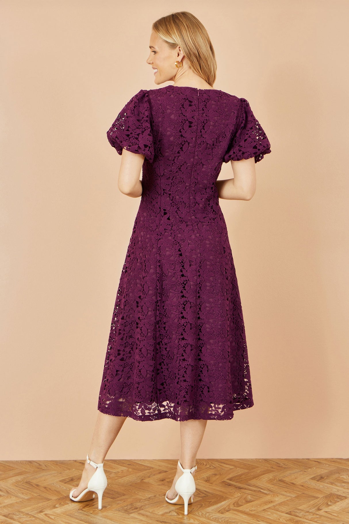Yumi Burgundy Stretch Lace Puff Sleeve Midi Dress