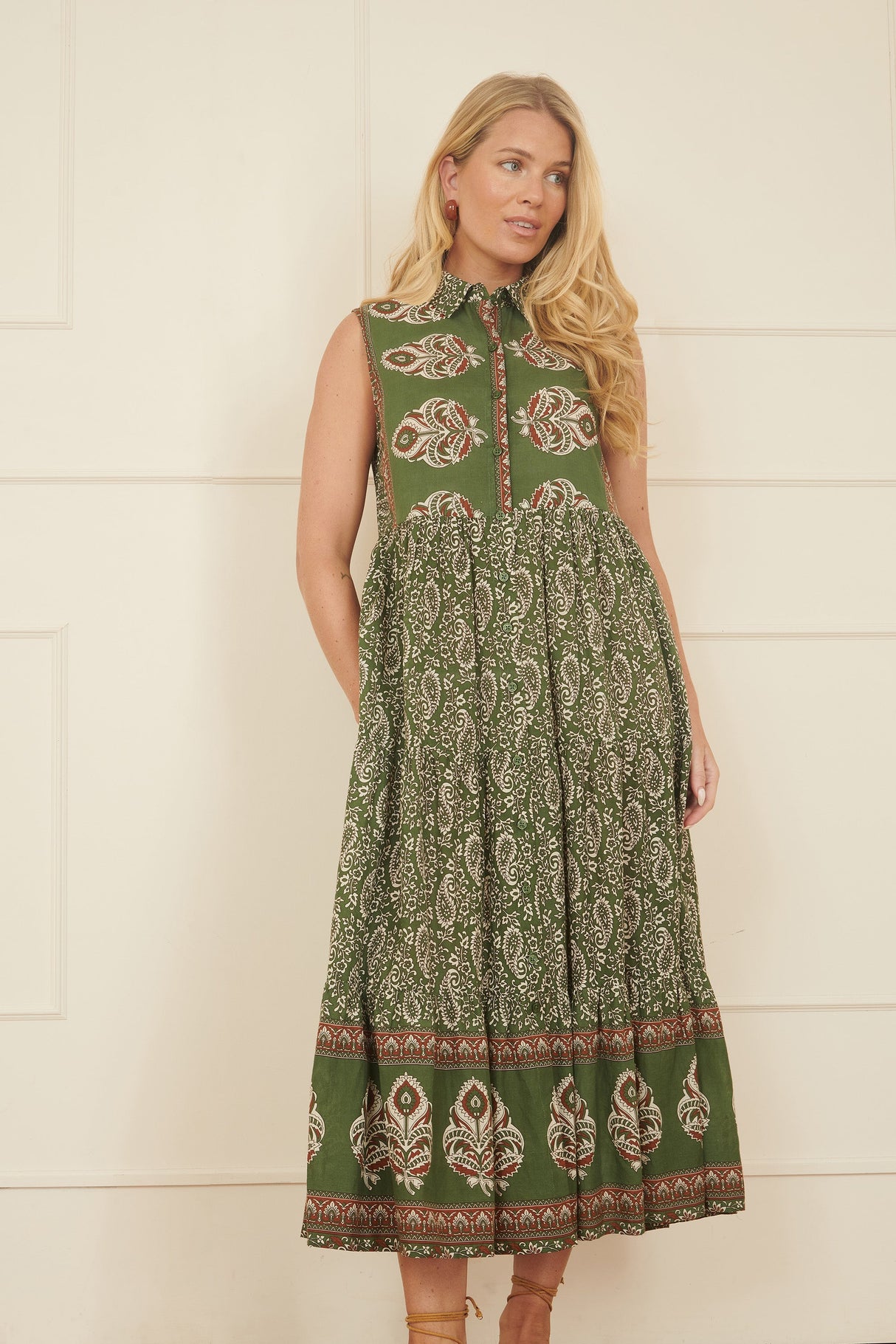 Yumi Green Cotton Paisley Midi Sleeveless Shirt Dress
