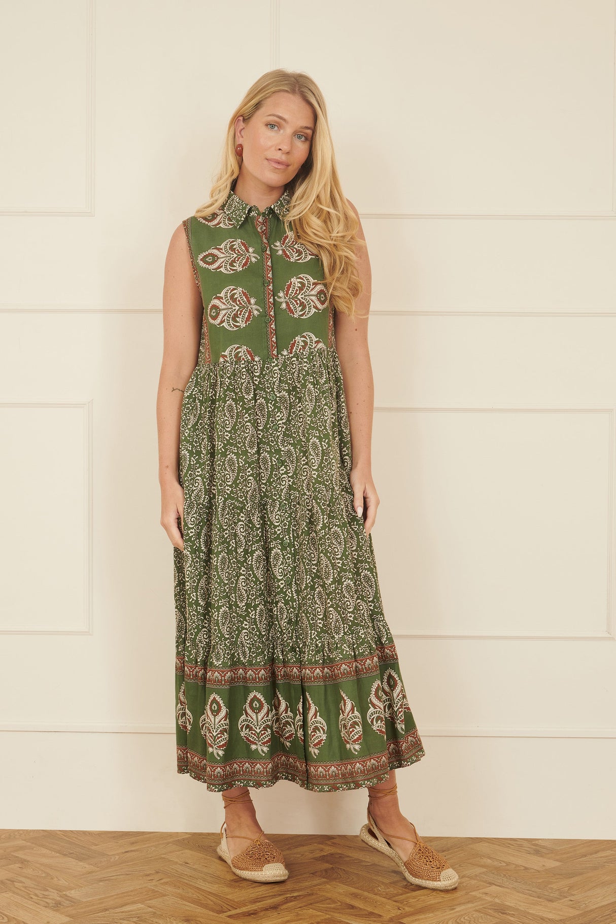 Yumi Green Cotton Paisley Midi Sleeveless Shirt Dress
