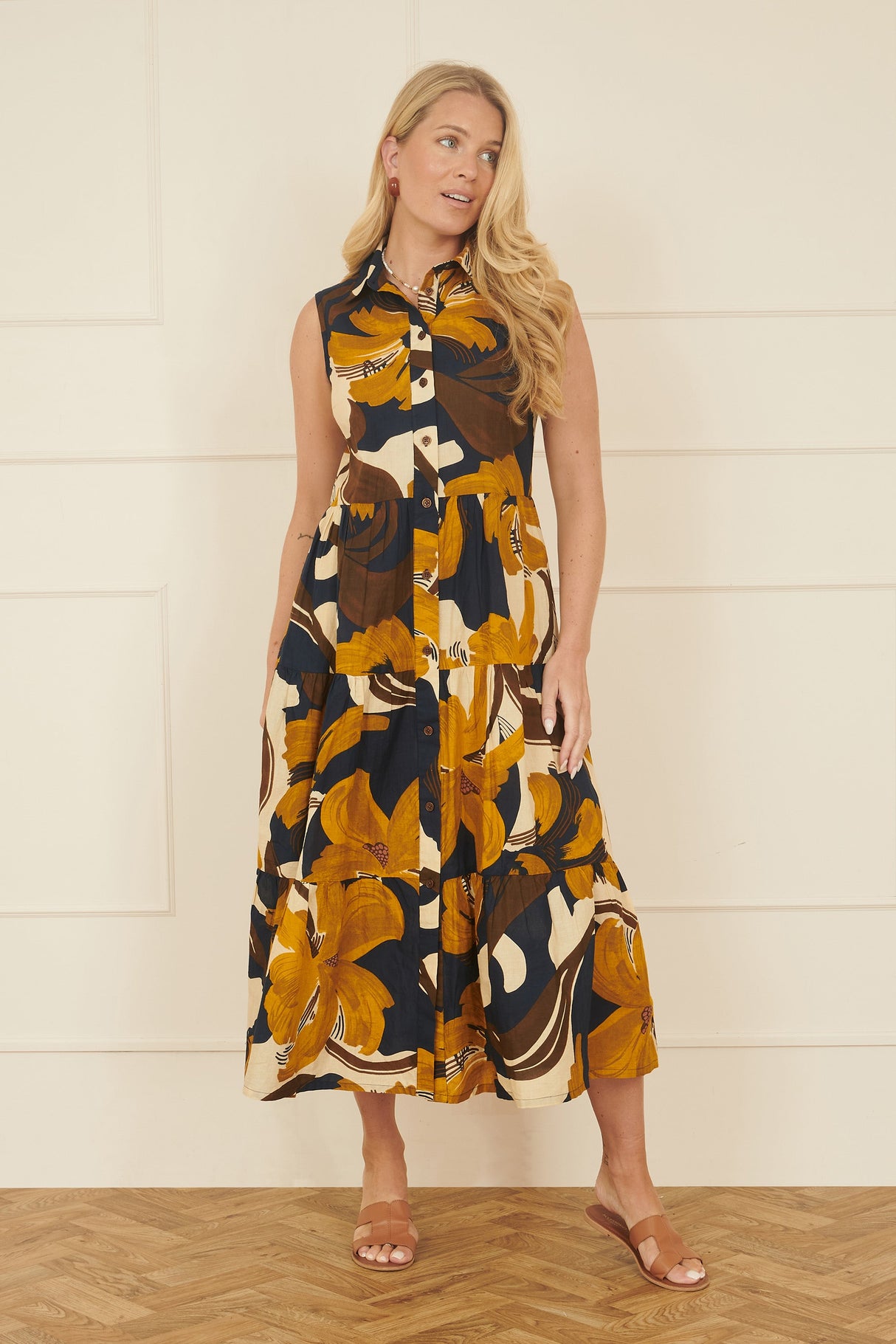 Yumi Navy Cotton Leaf Midi Sleeveless Shirt Dress