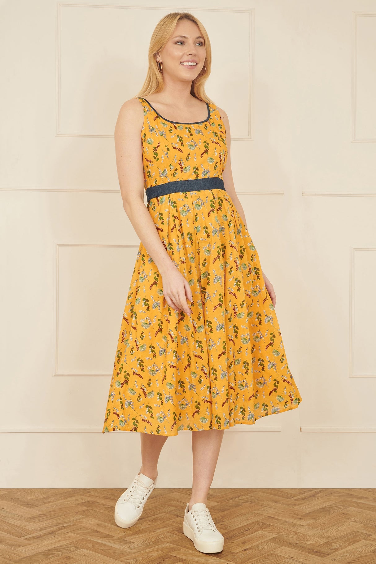 Yumi Mustard Floral Skater Dress With Denim Trims