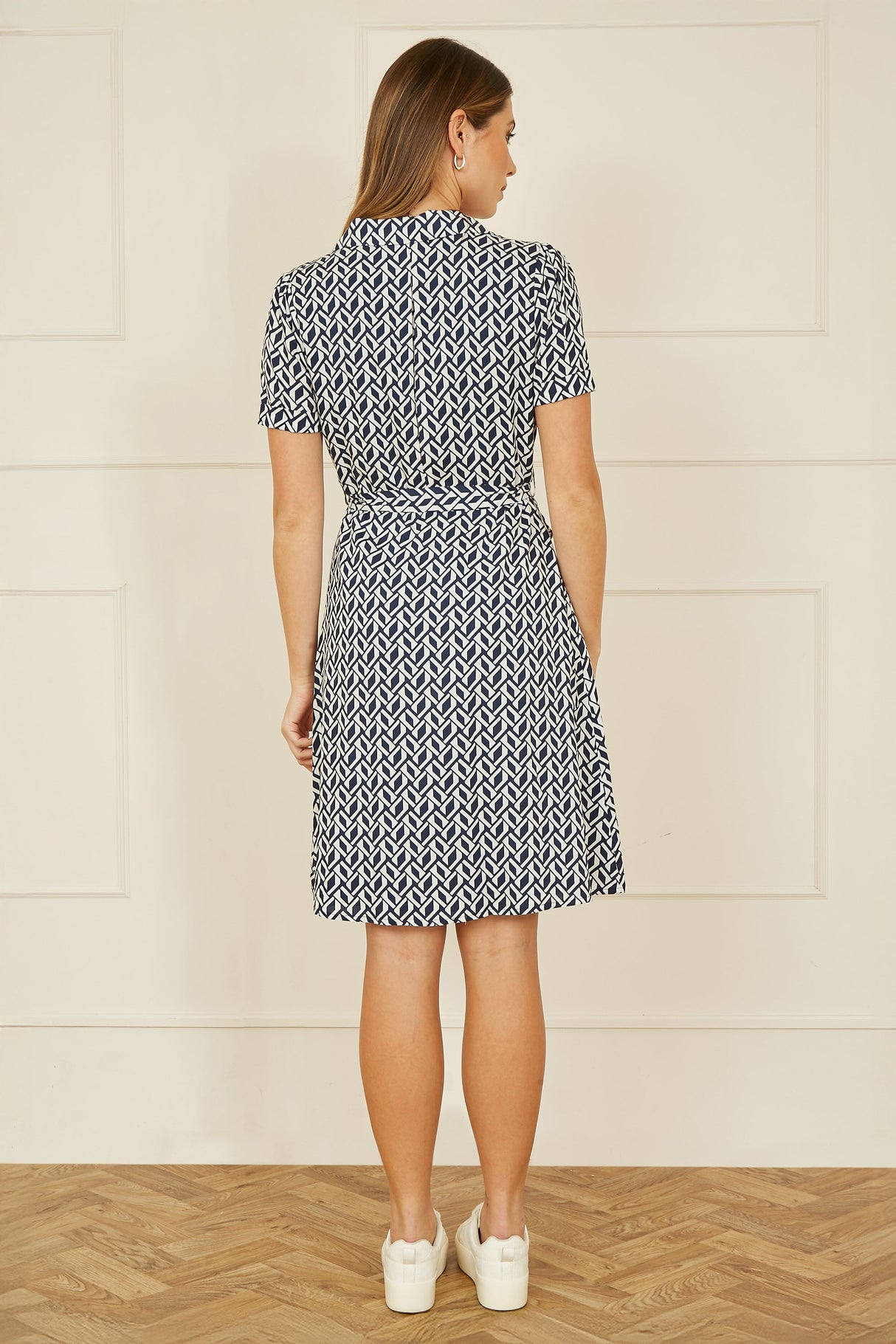 Yumi Navy Geo Print Retro Style Shirt Dress