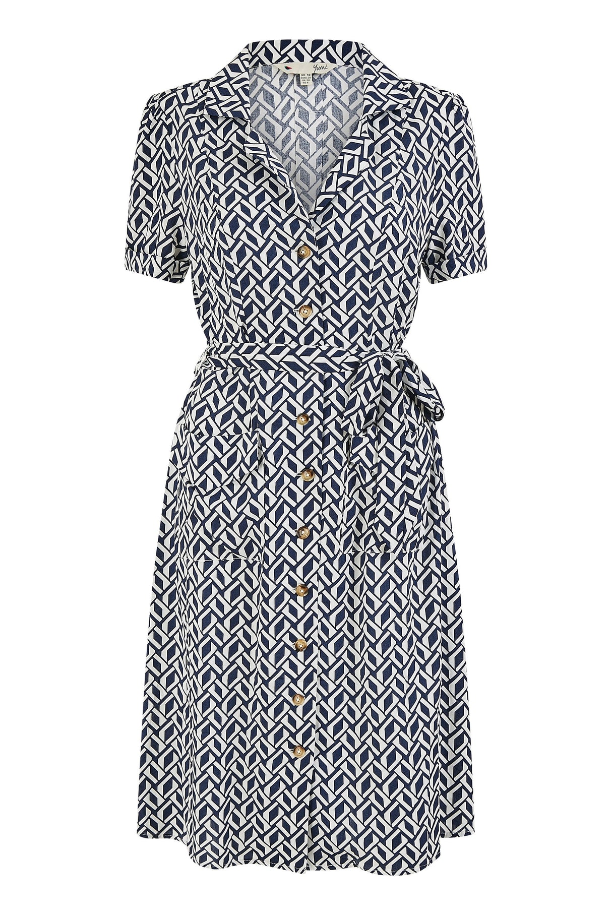 Yumi Navy Geo Print Retro Style Shirt Dress