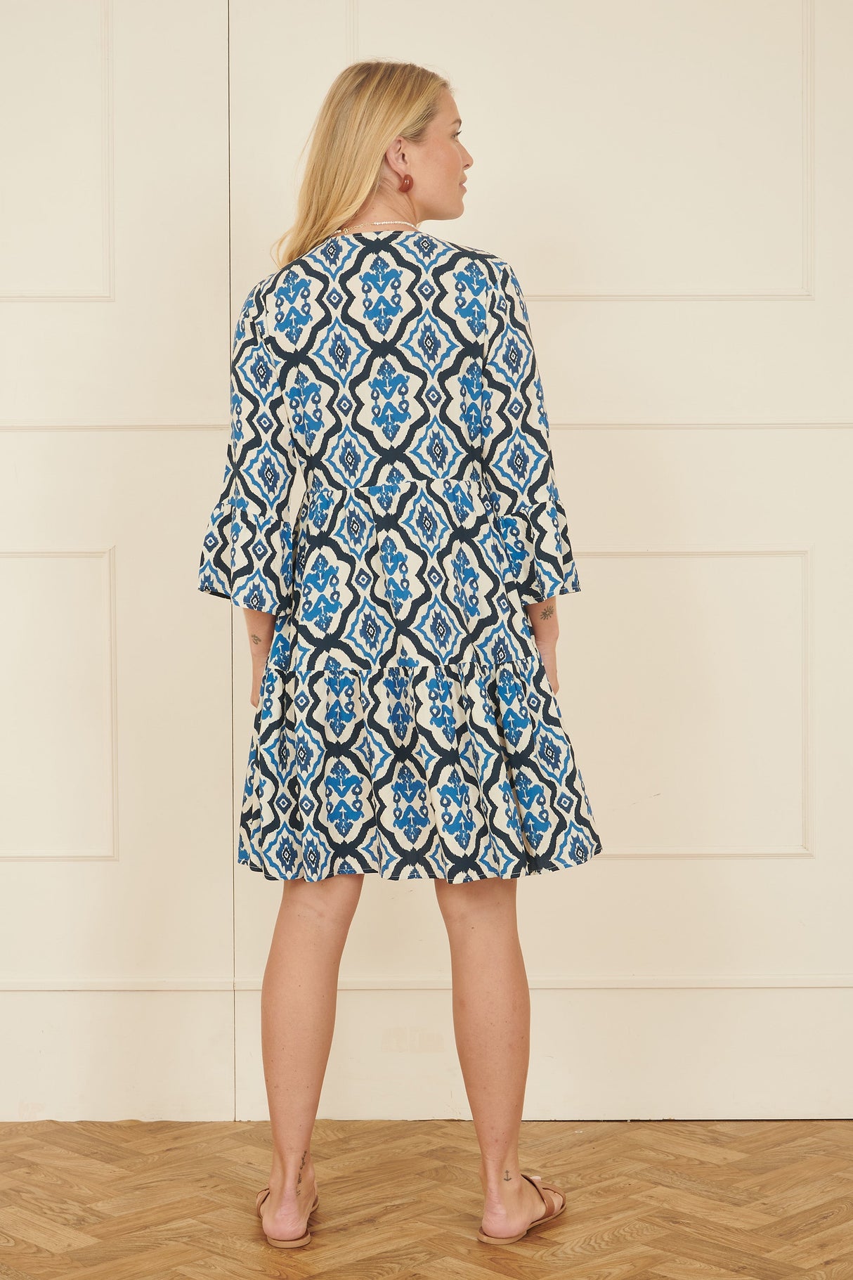 Yumi Viscose Blue Ikat Print 3/4 Sleeve Tunic Dress