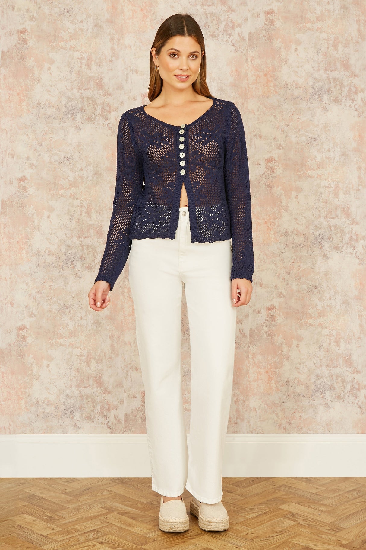 Yumi Navy Flower Crochet Button Up Cardigan