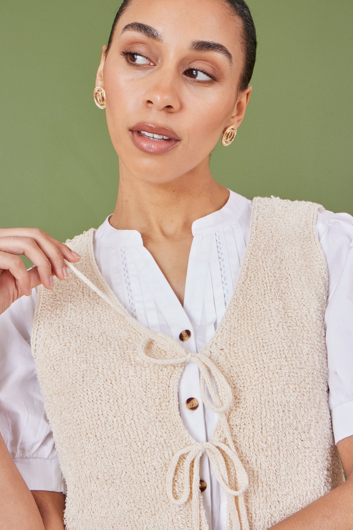 Yumi Beige Knitted Tie Detail Knitted Waistcoat
