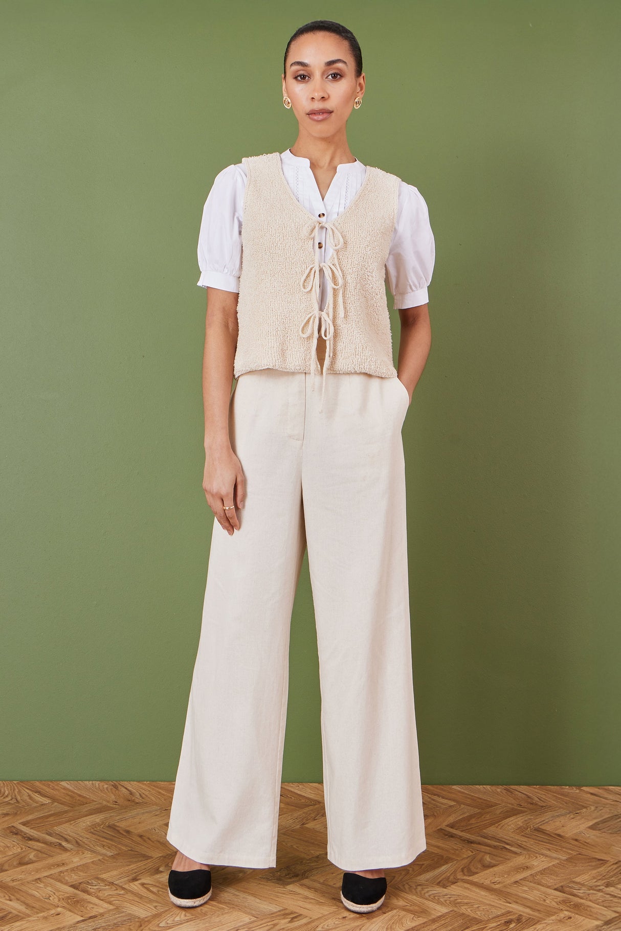 Yumi Beige Knitted Tie Detail Knitted Waistcoat