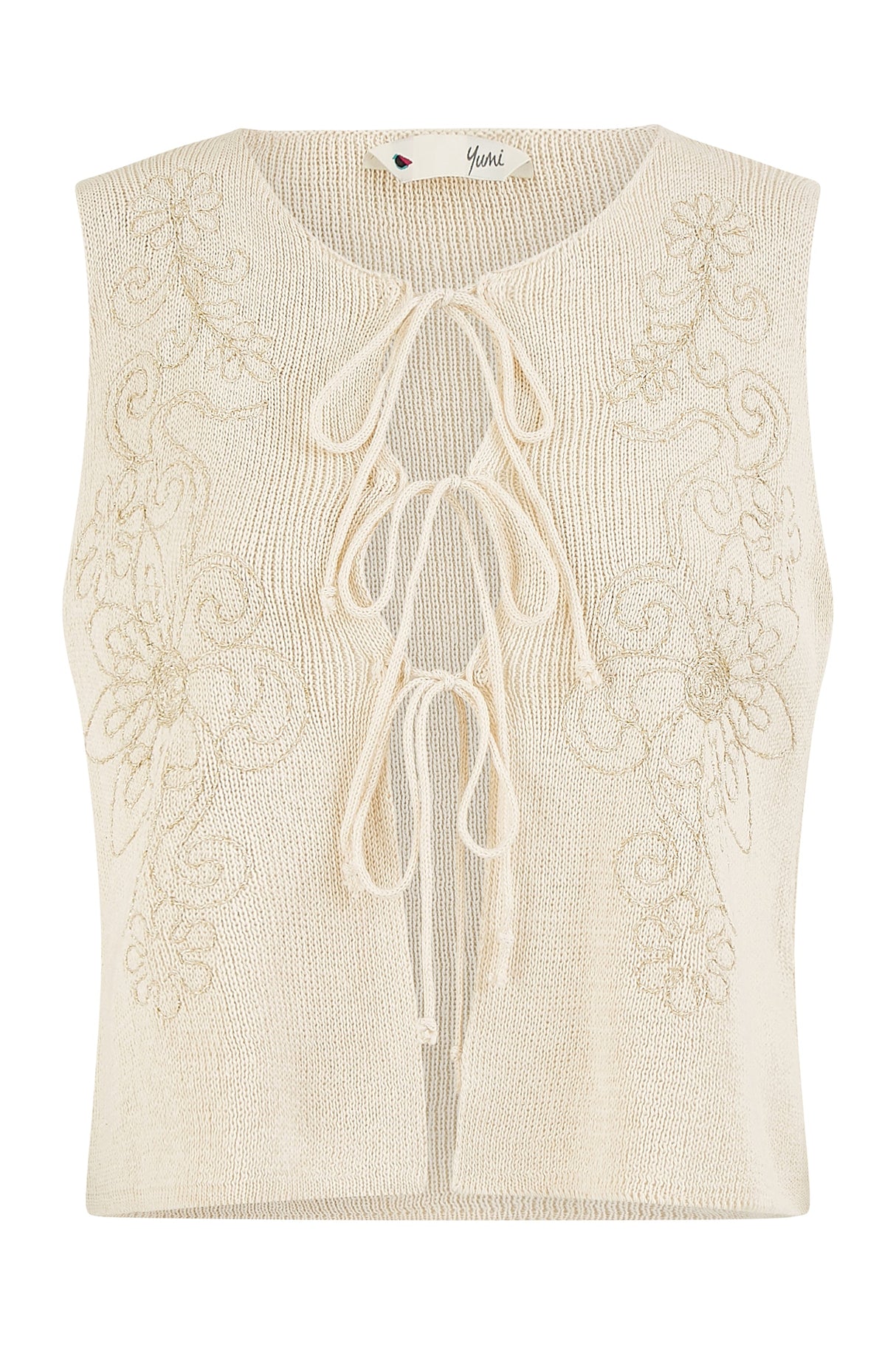 Yumi Beige Knitted Tie Front Waistcoat With Floral Details