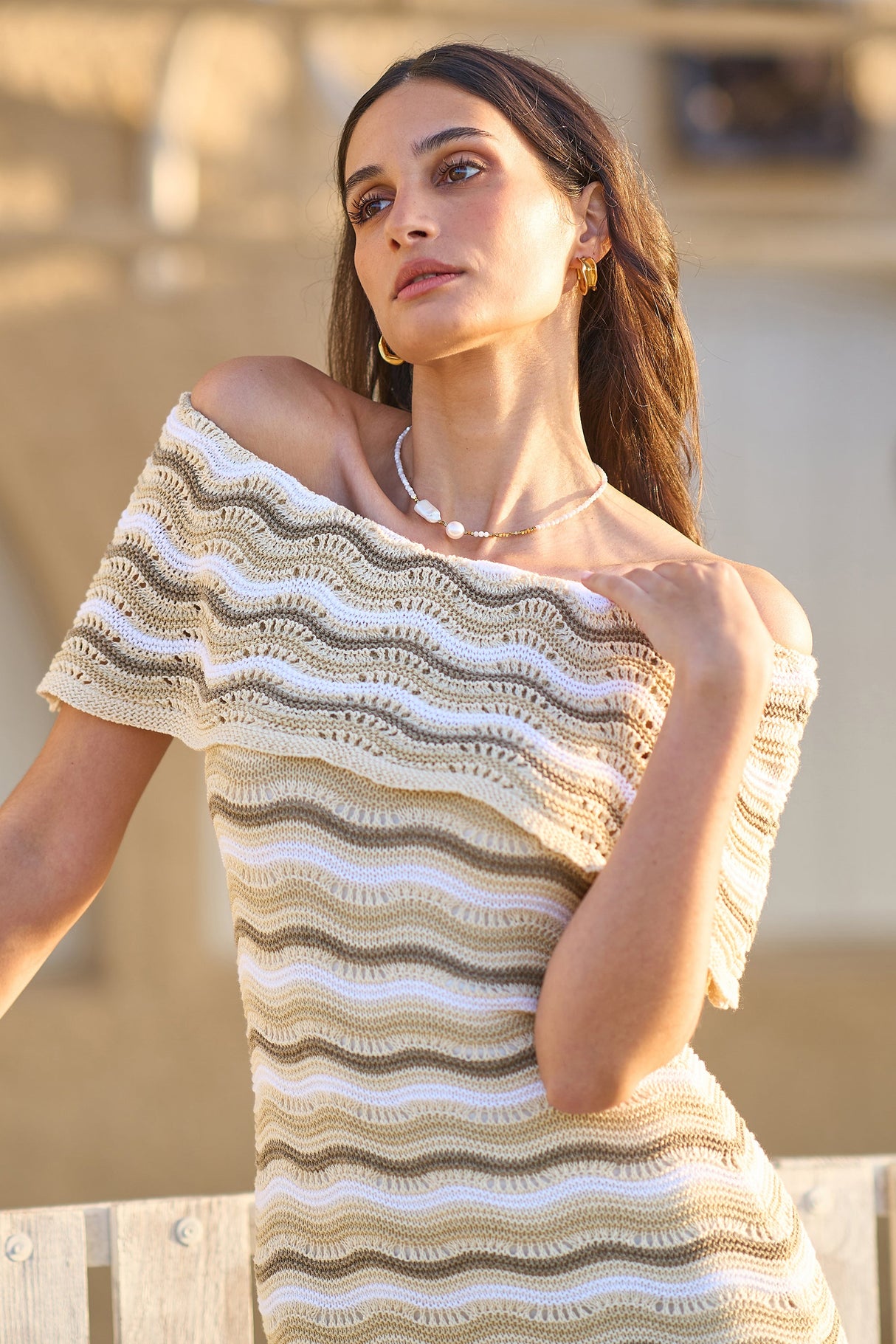 Yumi Beige Stripe Crochet Knit Bardot Midi Dress