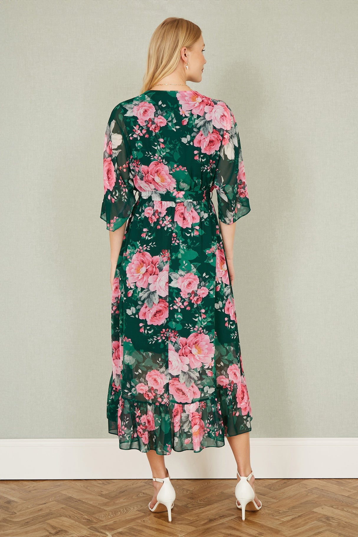 Yumi Dark Green Kimono Sleeves Midi Dip Hem Wrap Midi Dress