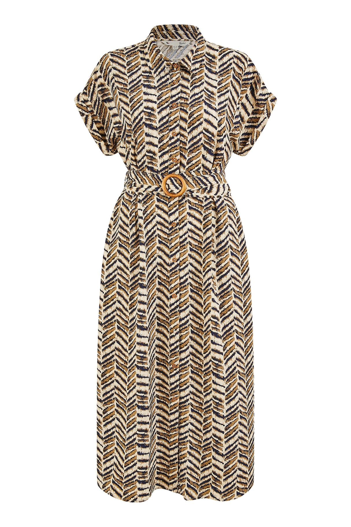 Yumi Brown Abstract Animal Print Relaxed Midi Shirt Dress With Belt