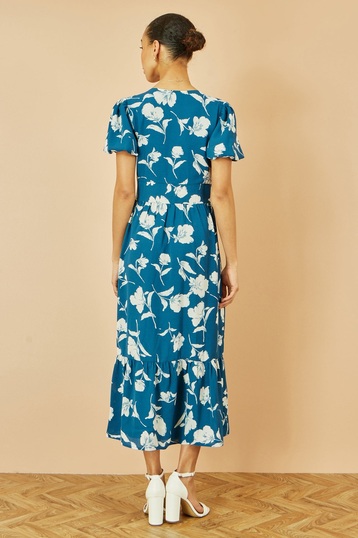 Yumi Teal Floral Button Down Floral Midi Dress