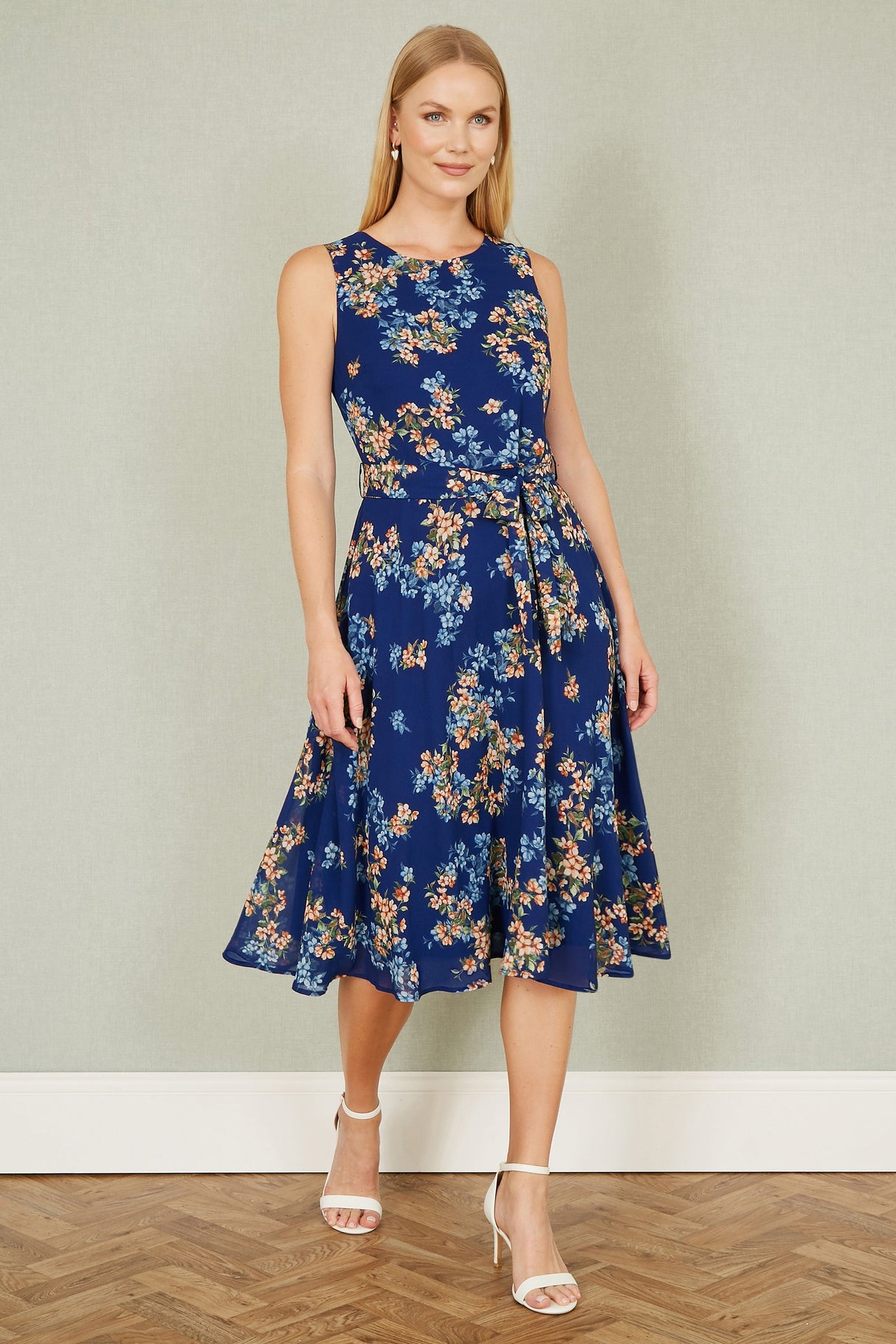 Yumi Navy Floral Skater Sleeveless Dress