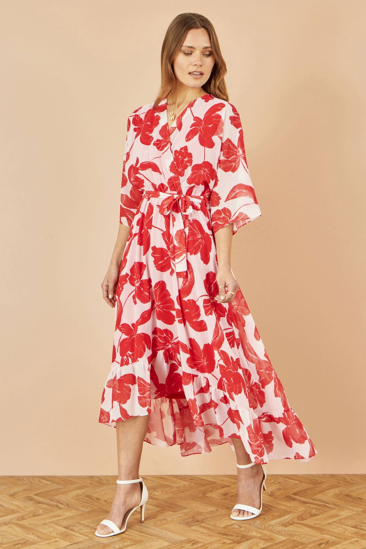 Yumi Red Kimono Sleeves Dip Hem Wrap Midi Dress