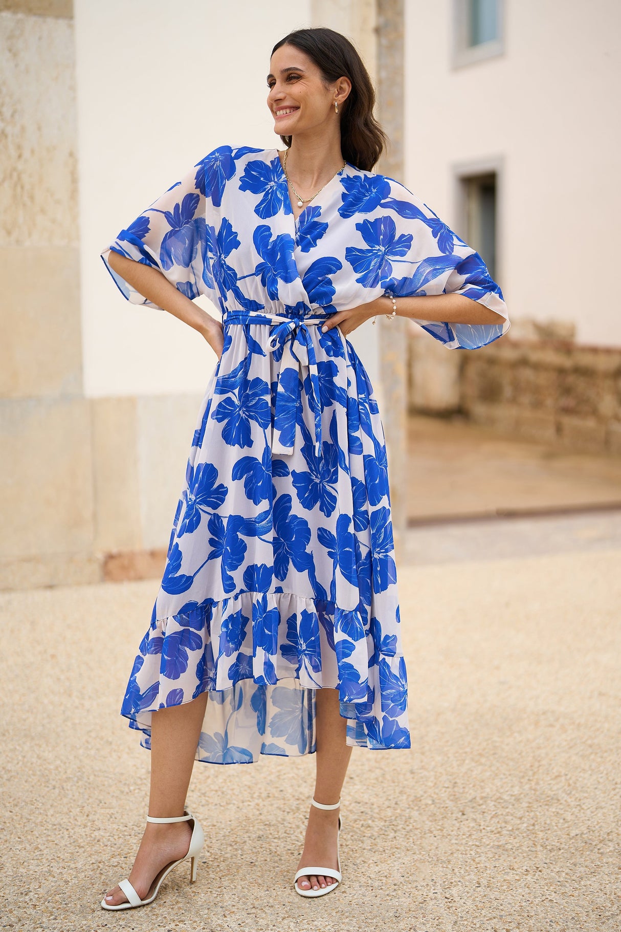 Yumi Navy Kimono Sleeves Midi Dip Hem Wrap Midi Dress