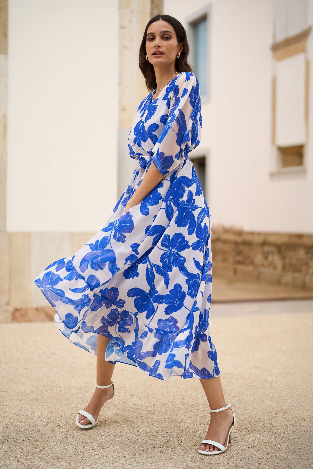 Yumi Navy Kimono Sleeves Midi Dip Hem Wrap Midi Dress