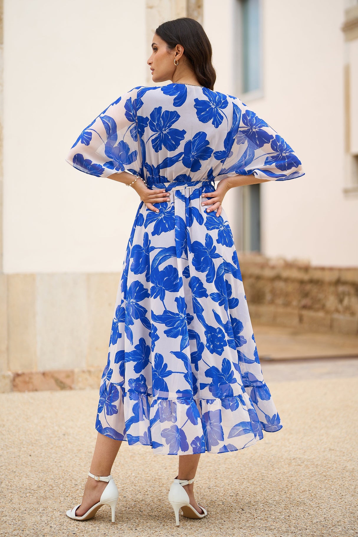 Yumi Navy Kimono Sleeves Midi Dip Hem Wrap Midi Dress