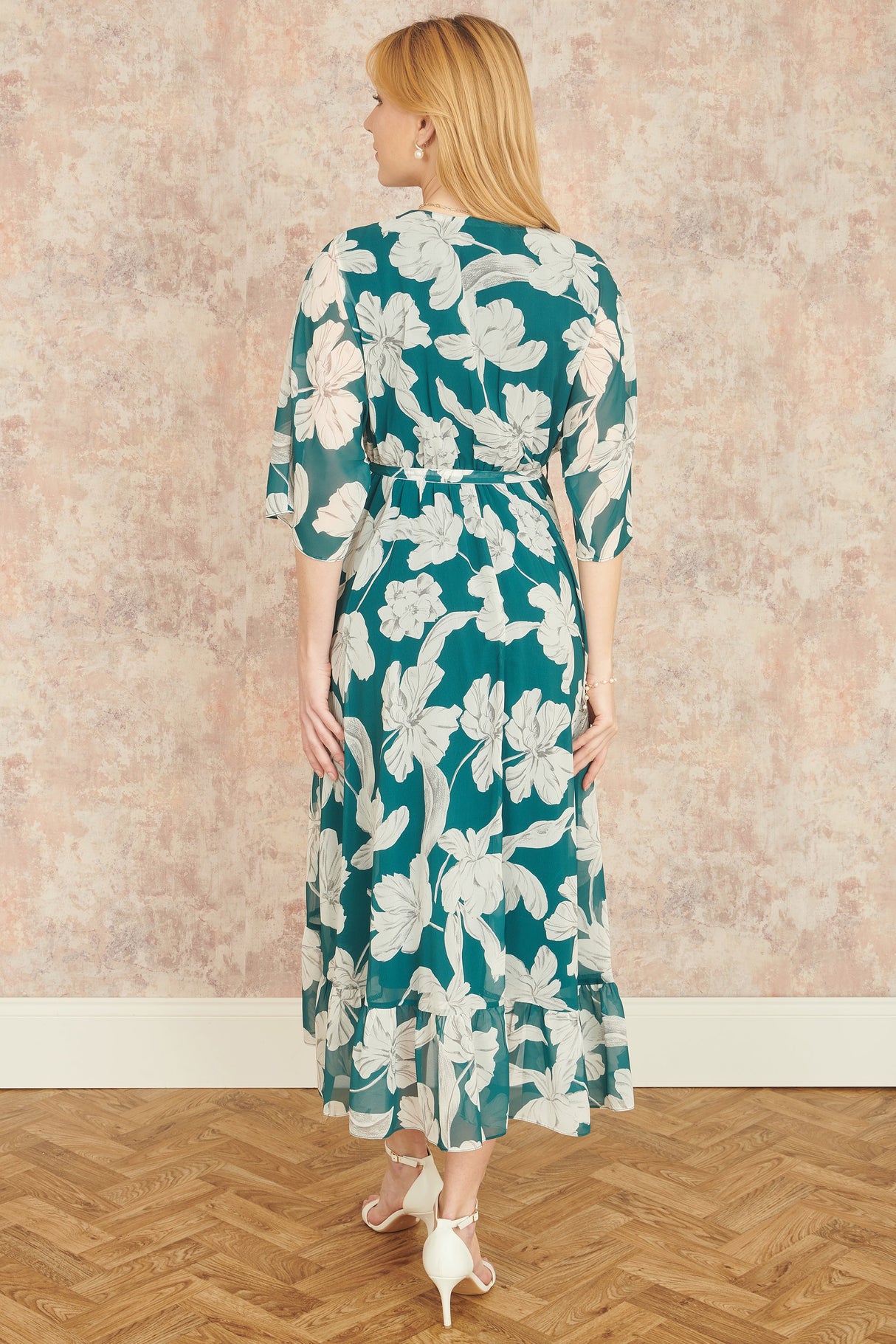 Yumi Green Kimono Sleeves Midi Dip Hem Wrap Midi Dress