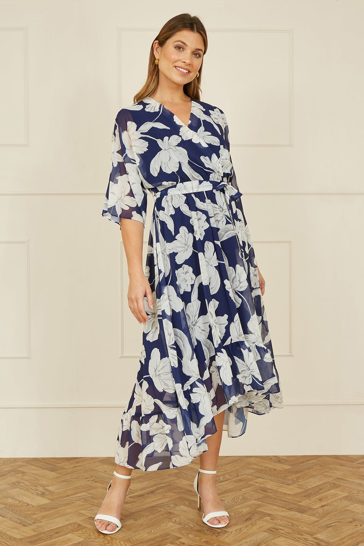 Yumi Navy Mesh Bird And Floral Print Midi Dress With Ruffles