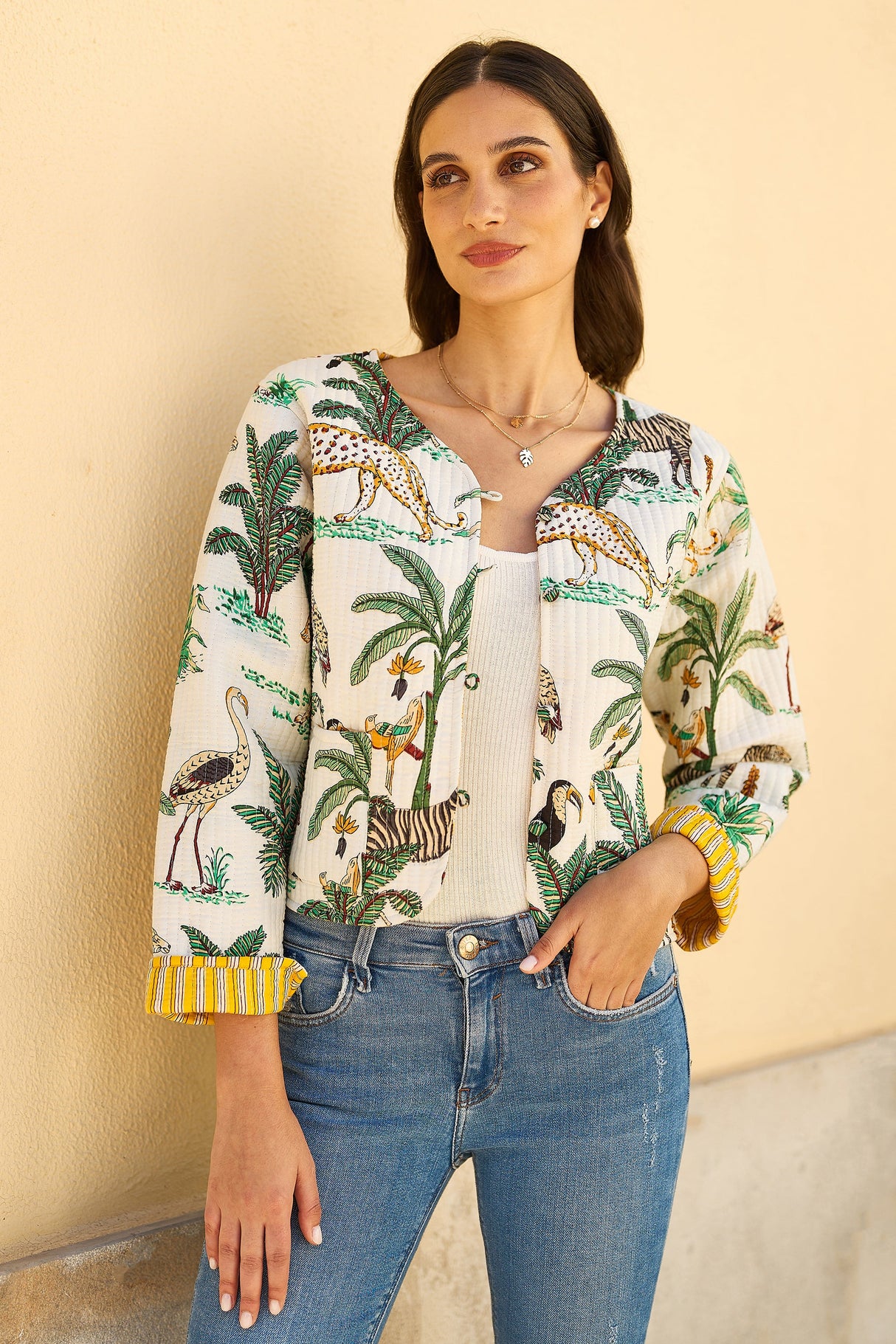 Yumi White Animal Reversible Cotton Quilted Jacket