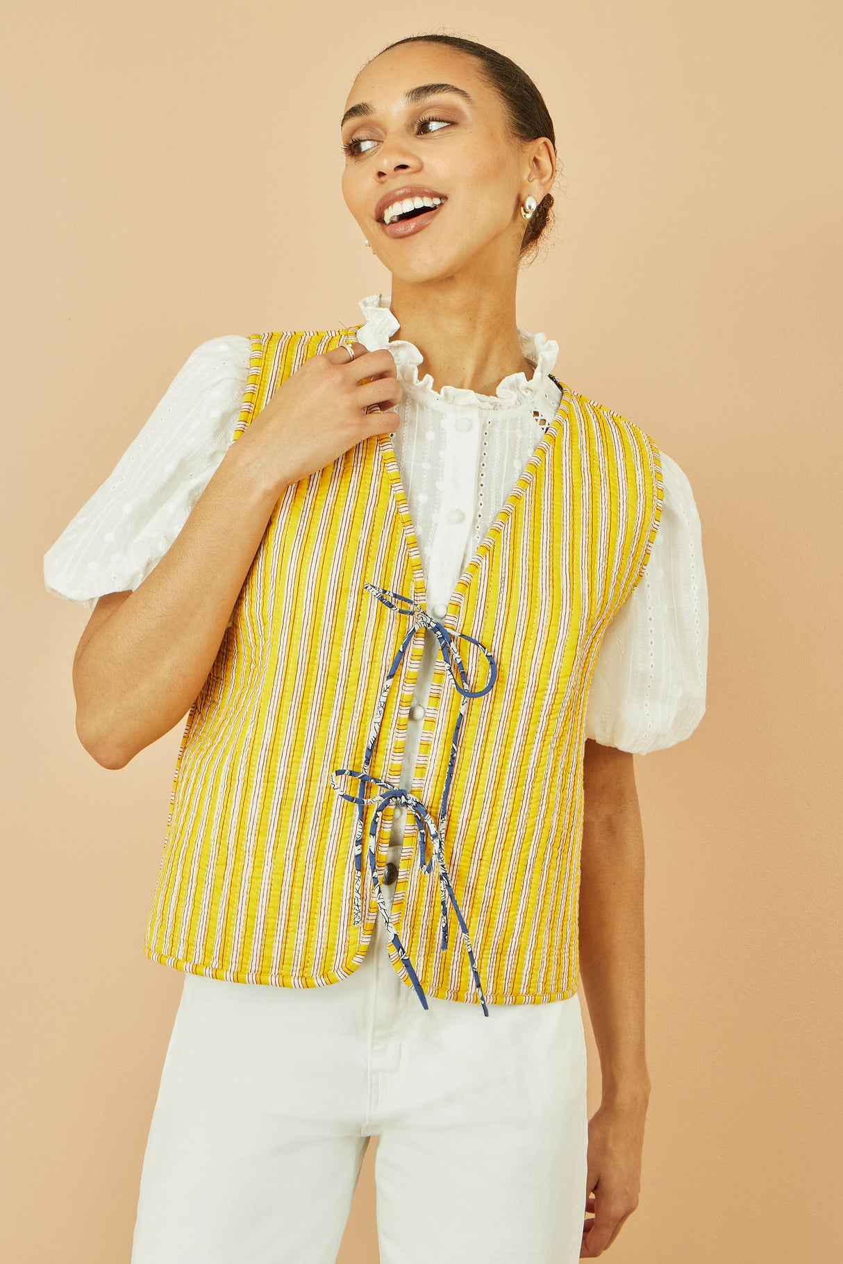 Yumi Blue Floral Reversible Cotton Quilted Waistcoat